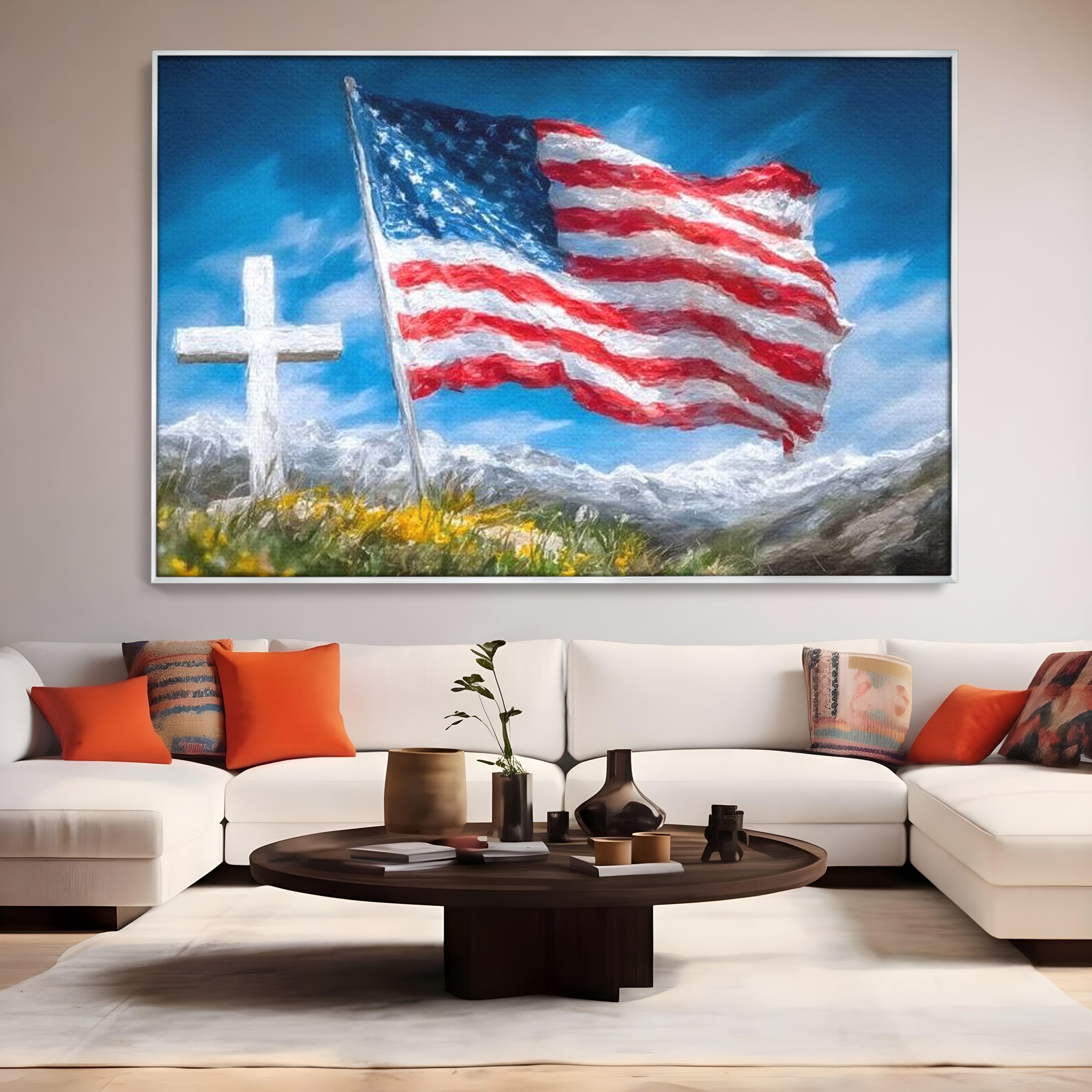Tablou Canvas Premium, LuxCanva® L1020, Steagul Gloriei, Munti, Cer, Peisaj, Natura, Steag, America, Eroi, Simbol, Birou, Living, Camera Copii