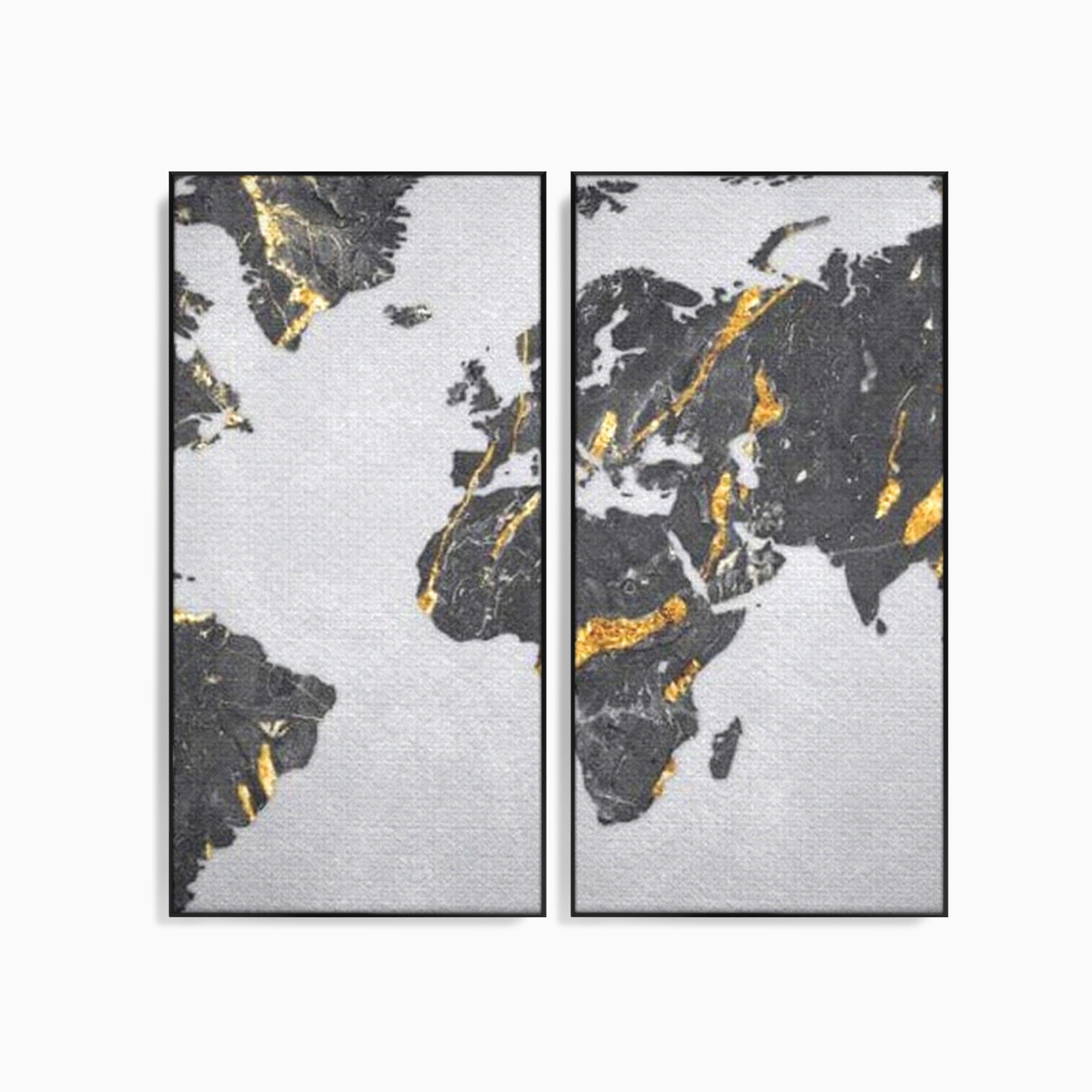 Set 2 Tablouri Canvas Premium LuxCanva® L2-1006, Lumea in Marmura si Aur, Harta, Mapamond, Auriu, Negru, Lux, Marmura, Glam, Gold, Arta Murala, Contemporan, Minimalist