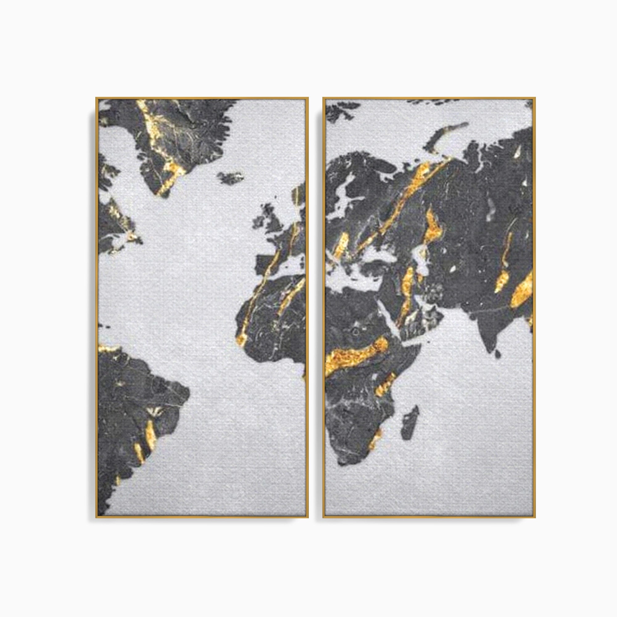 Set 2 Tablouri Canvas Premium LuxCanva® L2-1006, Lumea in Marmura si Aur, Harta, Mapamond, Auriu, Negru, Lux, Marmura, Glam, Gold, Arta Murala, Contemporan, Minimalist