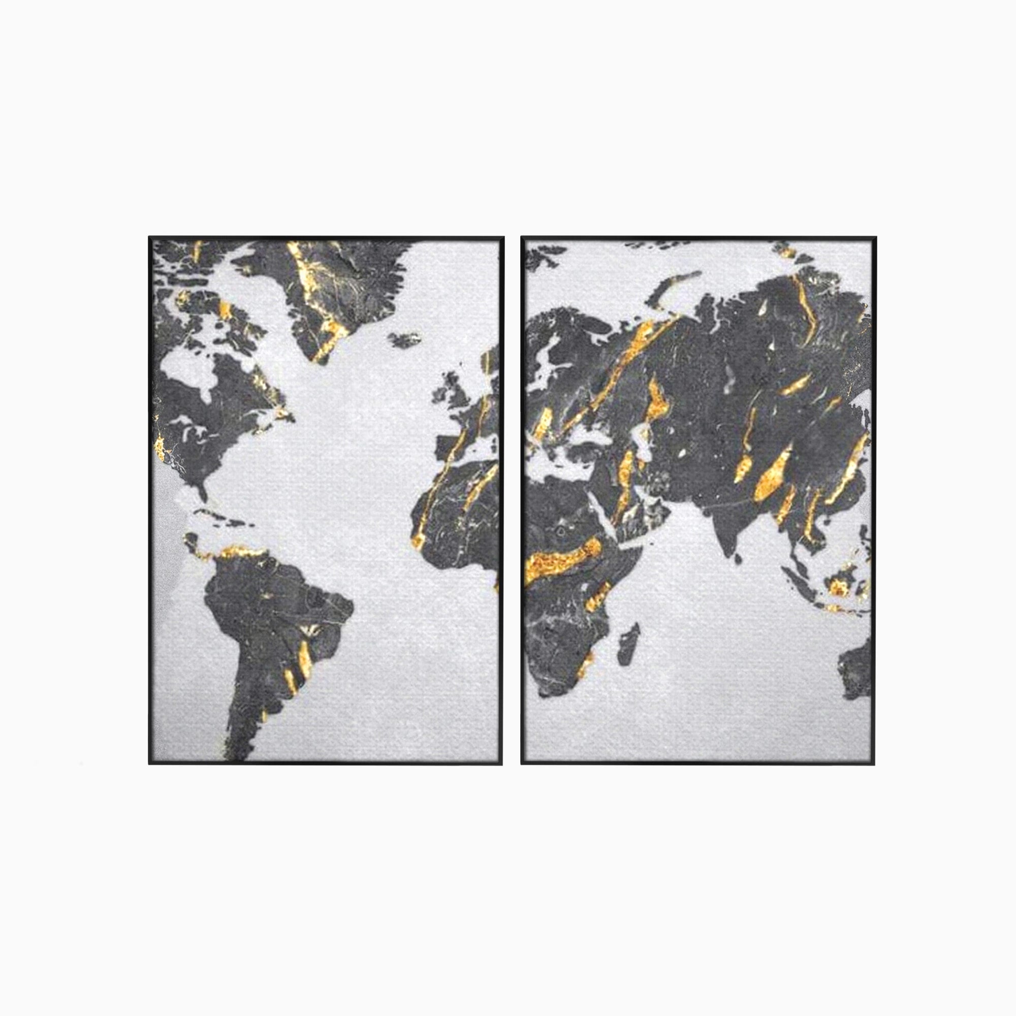 Set 2 Tablouri Canvas Premium LuxCanva® L2-1006, Lumea in Marmura si Aur, Harta, Mapamond, Auriu, Negru, Lux, Marmura, Glam, Gold, Arta Murala, Contemporan, Minimalist