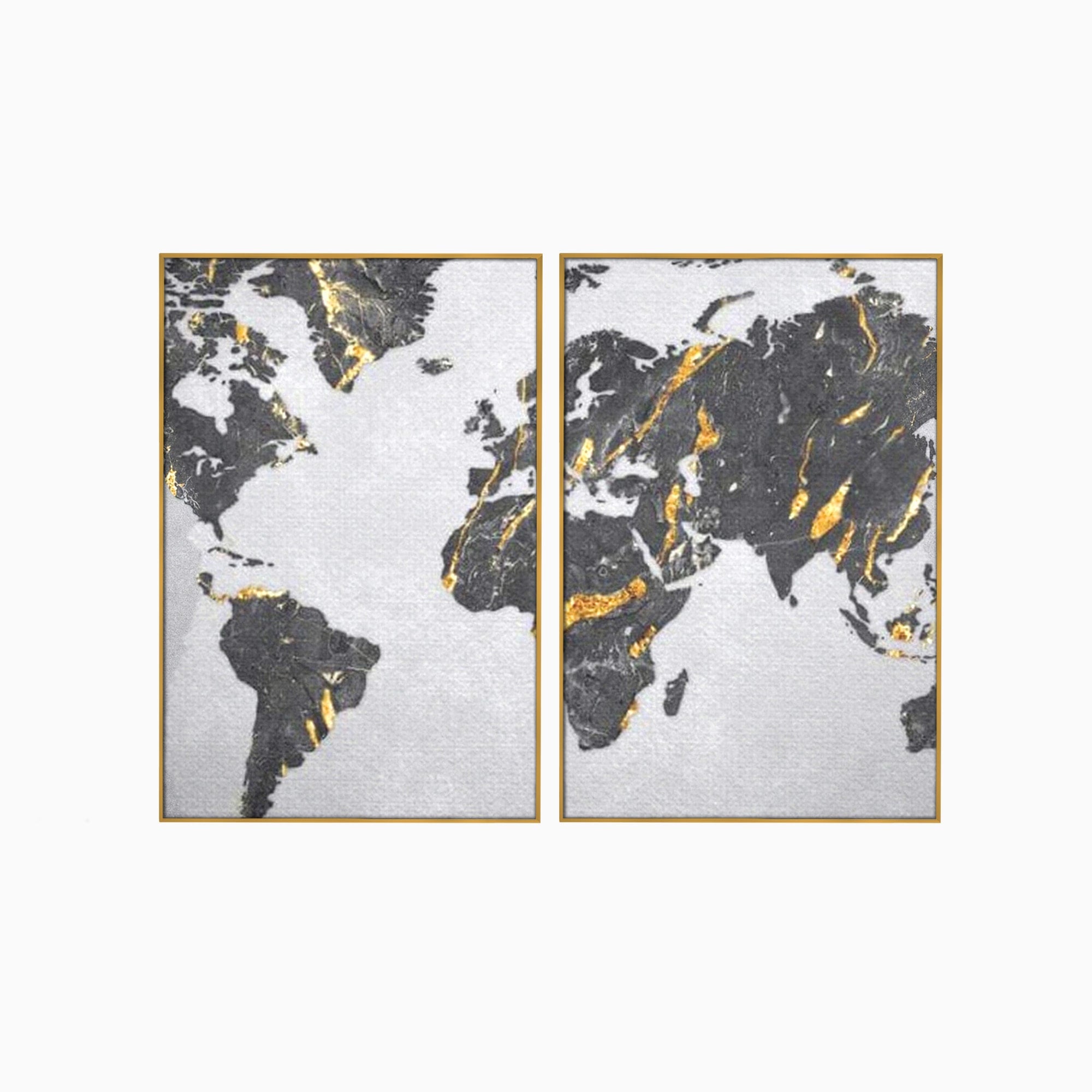 Set 2 Tablouri Canvas Premium LuxCanva® L2-1006, Lumea in Marmura si Aur, Harta, Mapamond, Auriu, Negru, Lux, Marmura, Glam, Gold, Arta Murala, Contemporan, Minimalist