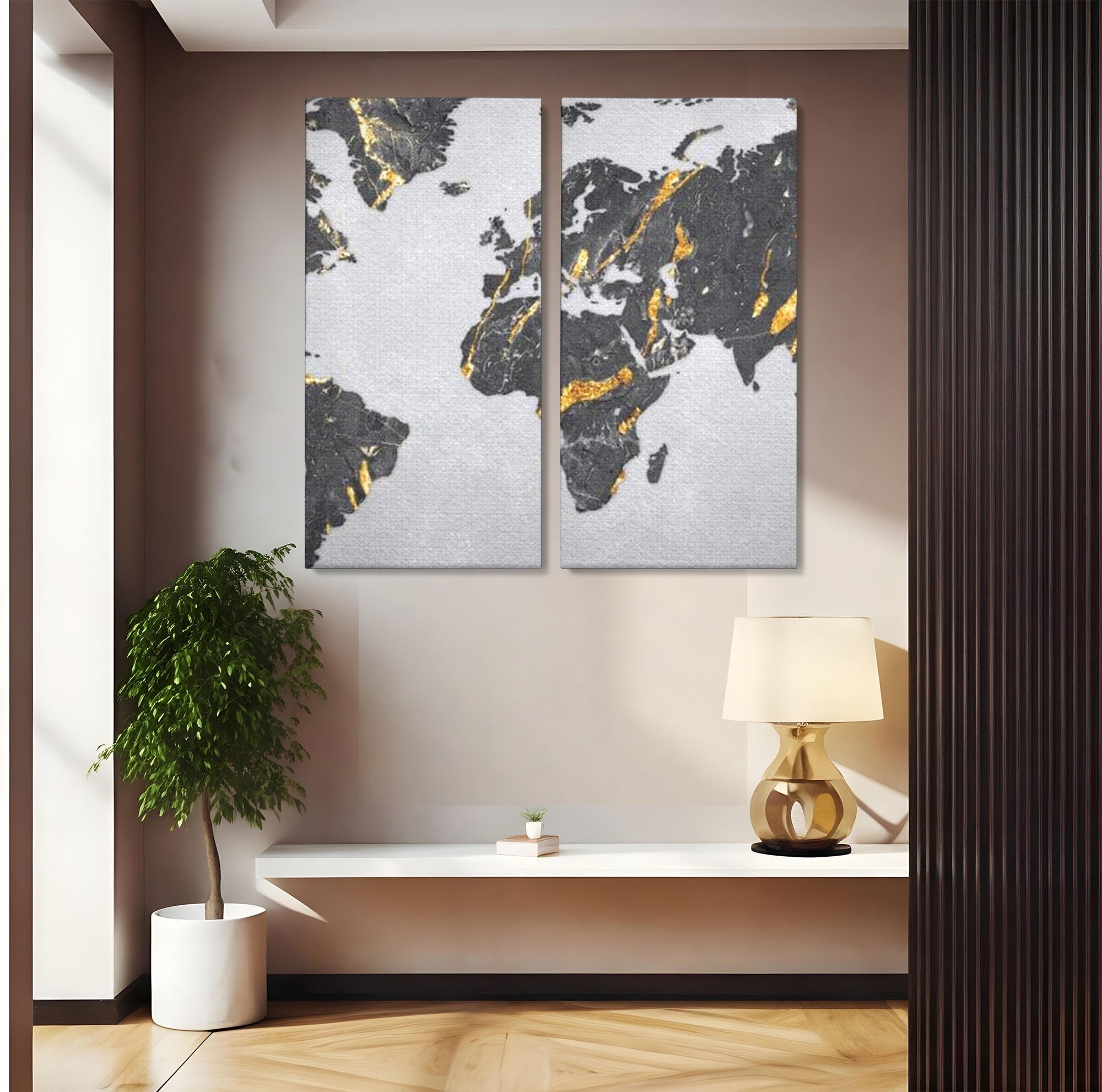 Set 2 Tablouri Canvas Premium LuxCanva® L2-1006, Lumea in Marmura si Aur, Harta, Mapamond, Auriu, Negru, Lux, Marmura, Glam, Gold, Arta Murala, Contemporan, Minimalist