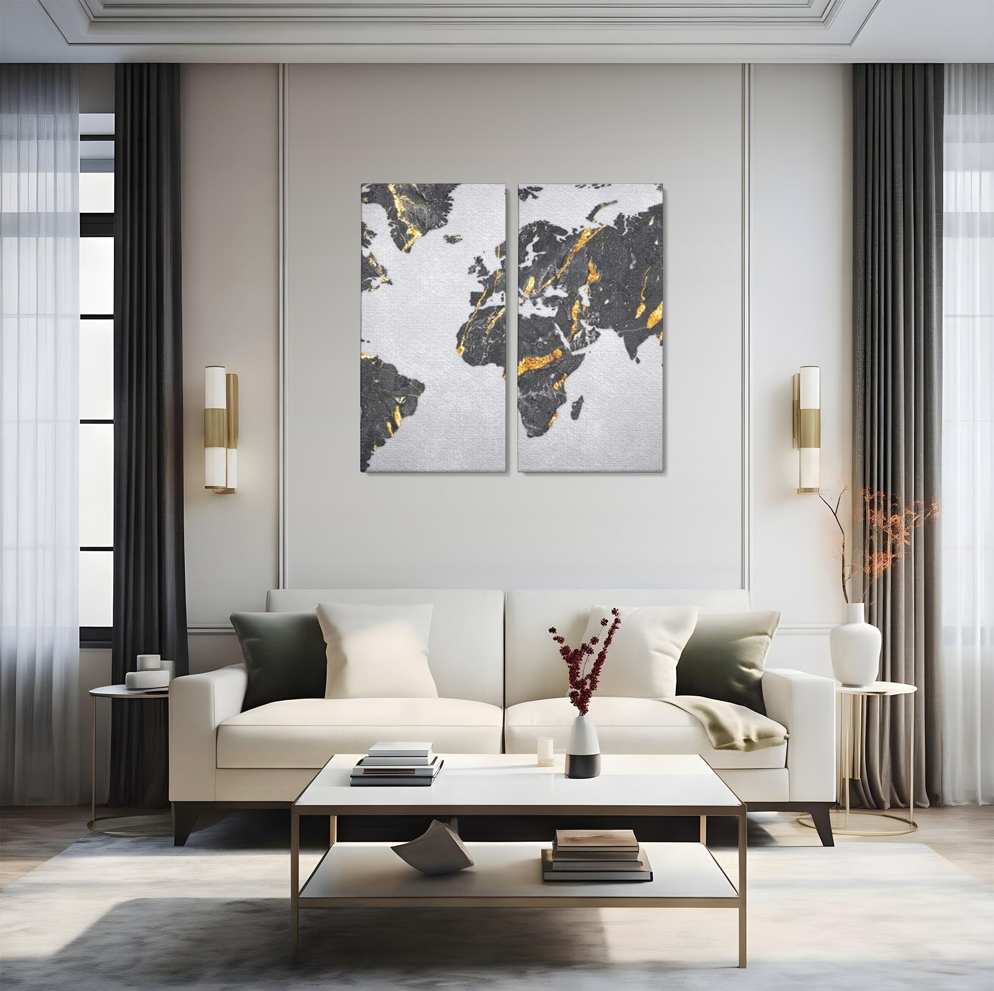 Set 2 Tablouri Canvas Premium LuxCanva® L2-1006, Lumea in Marmura si Aur, Harta, Mapamond, Auriu, Negru, Lux, Marmura, Glam, Gold, Arta Murala, Contemporan, Minimalist