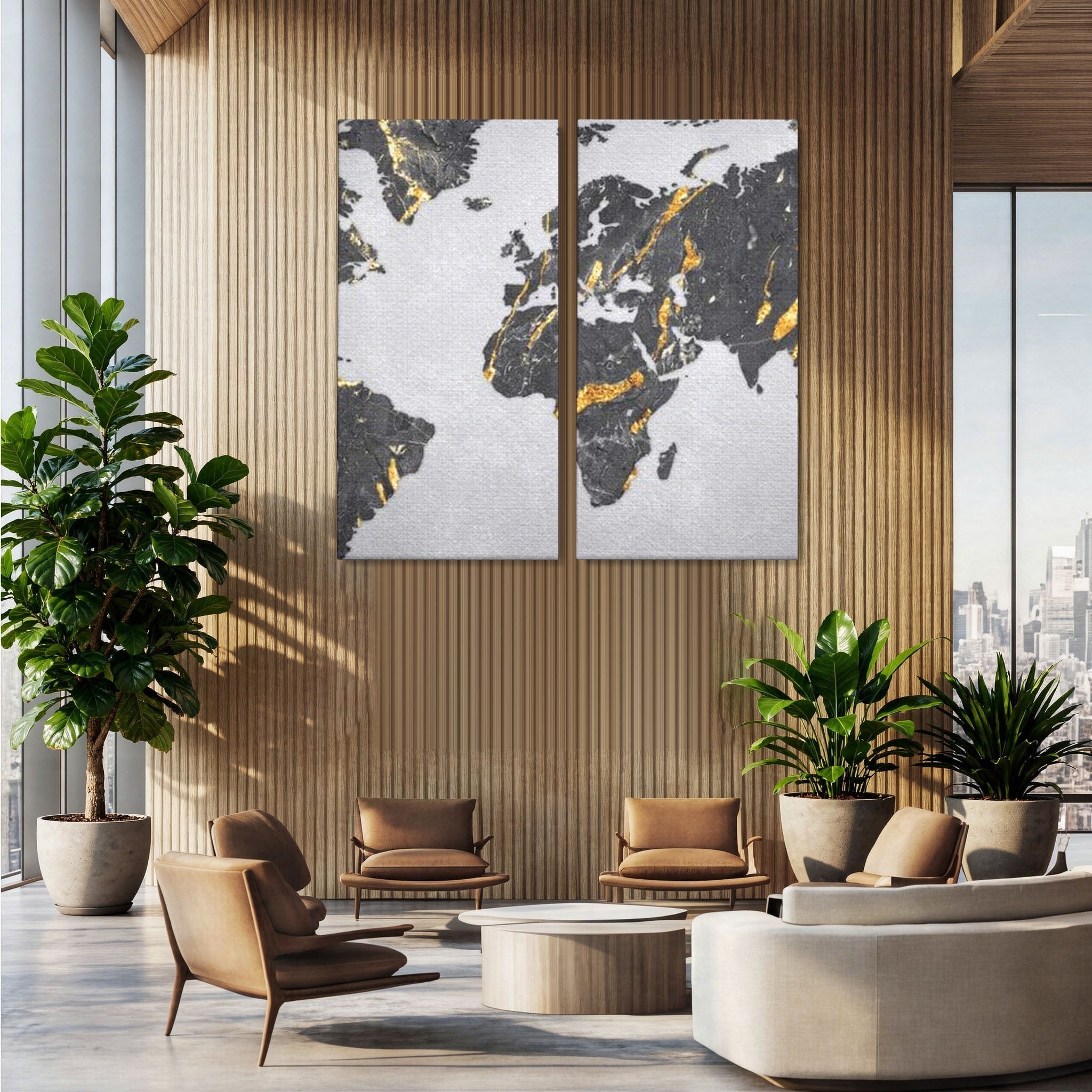 Set 2 Tablouri Canvas Premium LuxCanva® L2-1006, Lumea in Marmura si Aur, Harta, Mapamond, Auriu, Negru, Lux, Marmura, Glam, Gold, Arta Murala, Contemporan, Minimalist