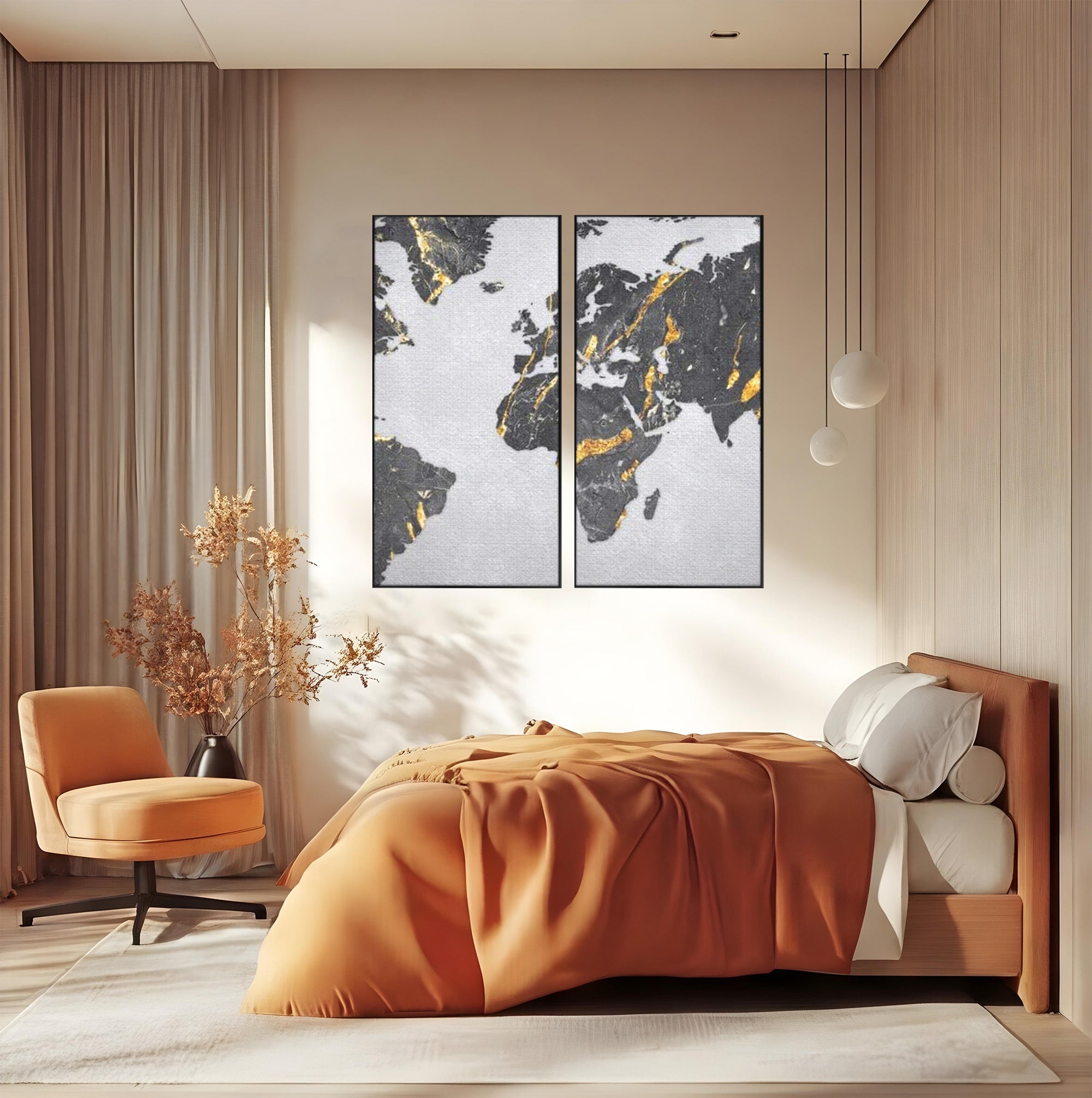 Set 2 Tablouri Canvas Premium LuxCanva® L2-1006, Lumea in Marmura si Aur, Harta, Mapamond, Auriu, Negru, Lux, Marmura, Glam, Gold, Arta Murala, Contemporan, Minimalist