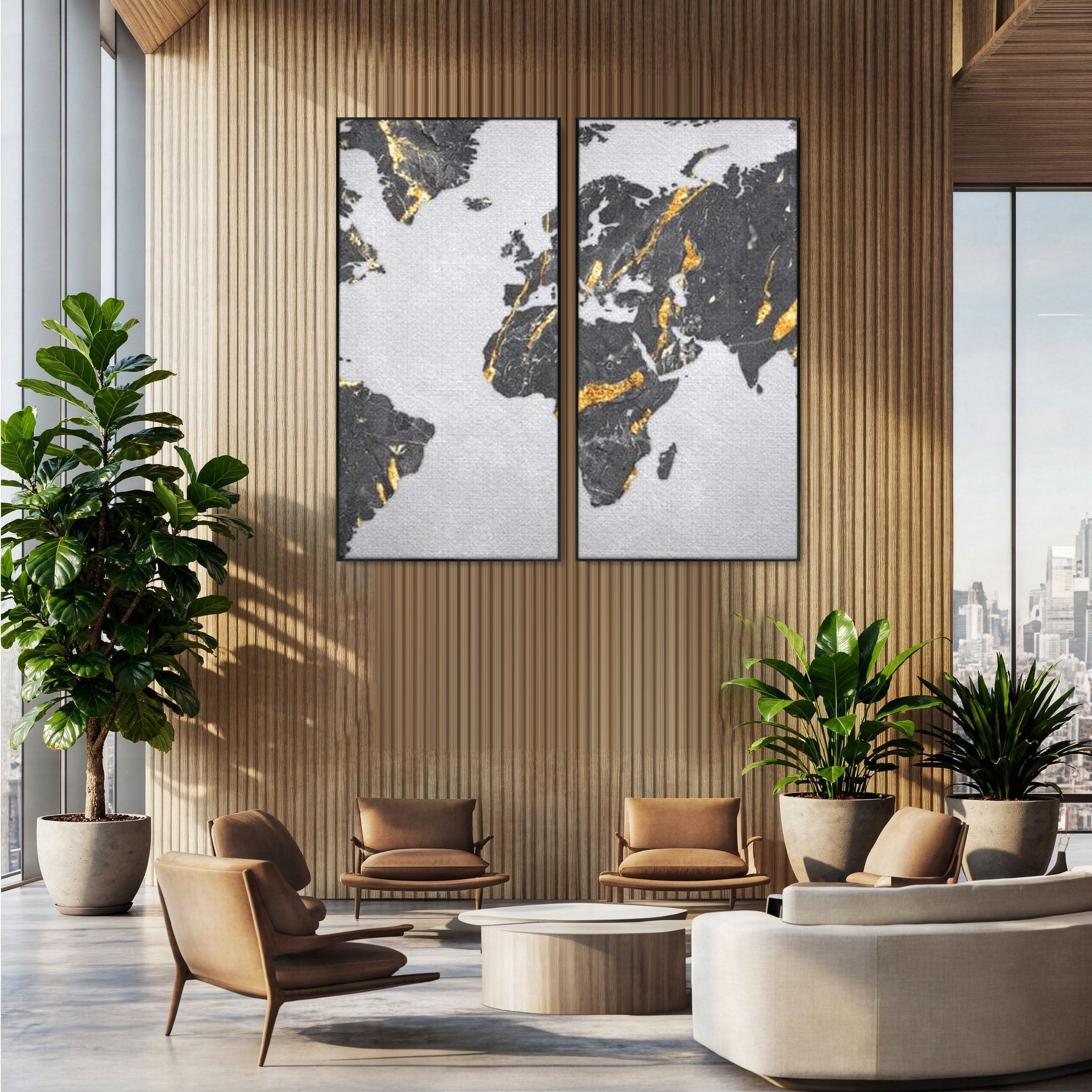 Set 2 Tablouri Canvas Premium LuxCanva® L2-1006, Lumea in Marmura si Aur, Harta, Mapamond, Auriu, Negru, Lux, Marmura, Glam, Gold, Arta Murala, Contemporan, Minimalist