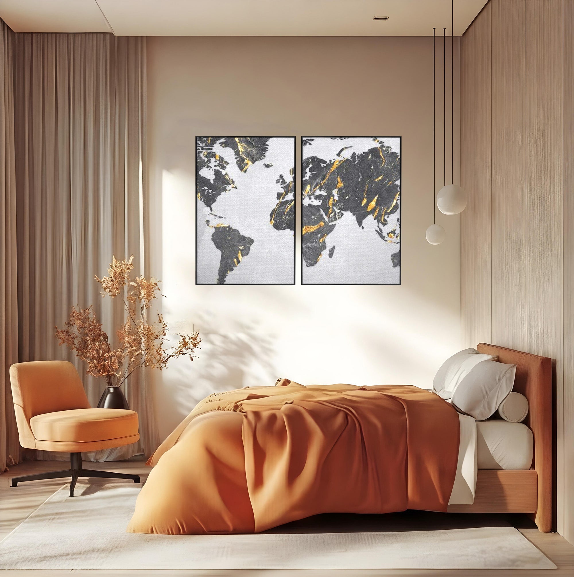 Set 2 Tablouri Canvas Premium LuxCanva® L2-1006, Lumea in Marmura si Aur, Harta, Mapamond, Auriu, Negru, Lux, Marmura, Glam, Gold, Arta Murala, Contemporan, Minimalist