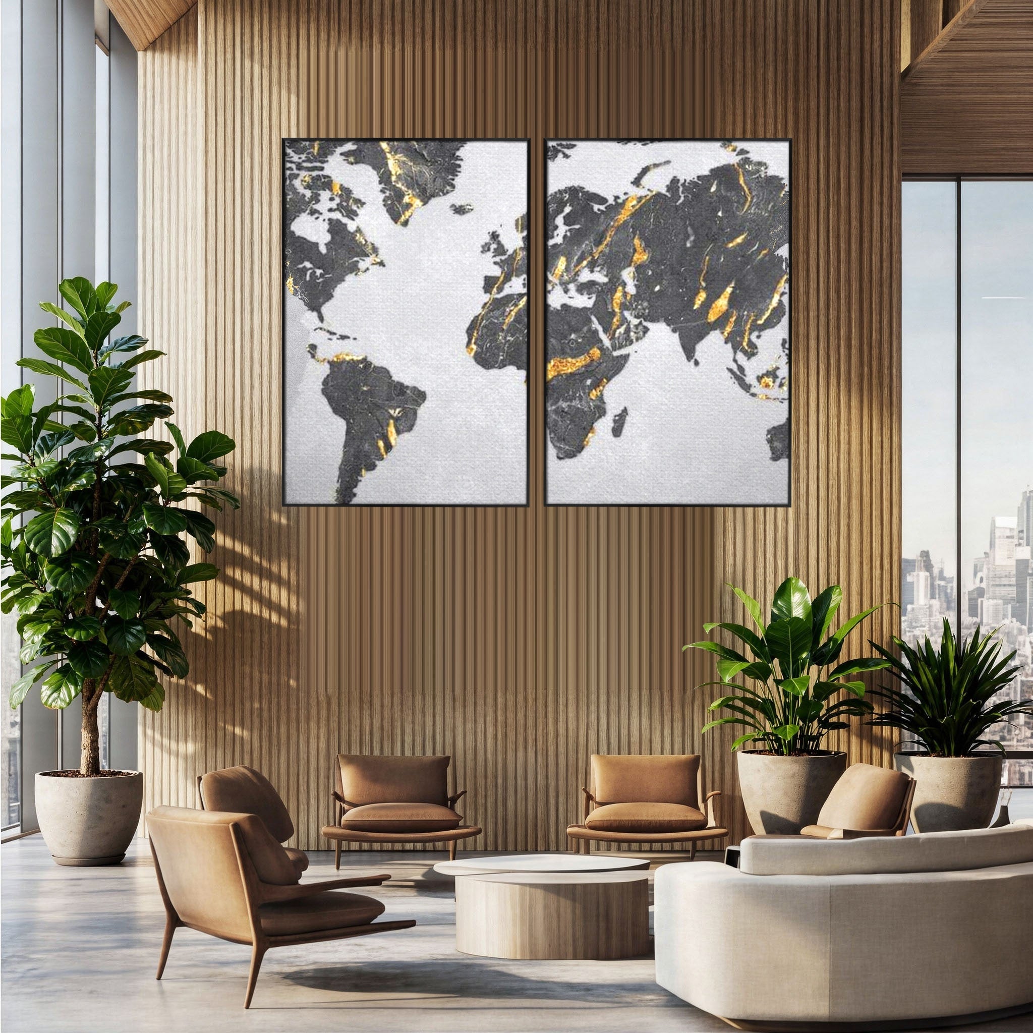 Set 2 Tablouri Canvas Premium LuxCanva® L2-1006, Lumea in Marmura si Aur, Harta, Mapamond, Auriu, Negru, Lux, Marmura, Glam, Gold, Arta Murala, Contemporan, Minimalist