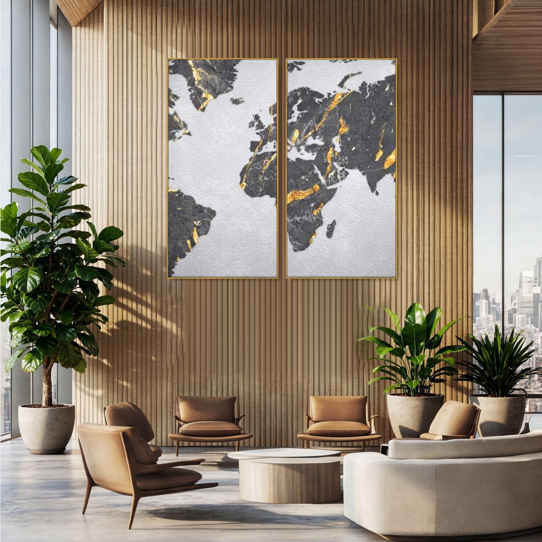 Set 2 Tablouri Canvas Premium LuxCanva® L2-1006, Lumea in Marmura si Aur, Harta, Mapamond, Auriu, Negru, Lux, Marmura, Glam, Gold, Arta Murala, Contemporan, Minimalist