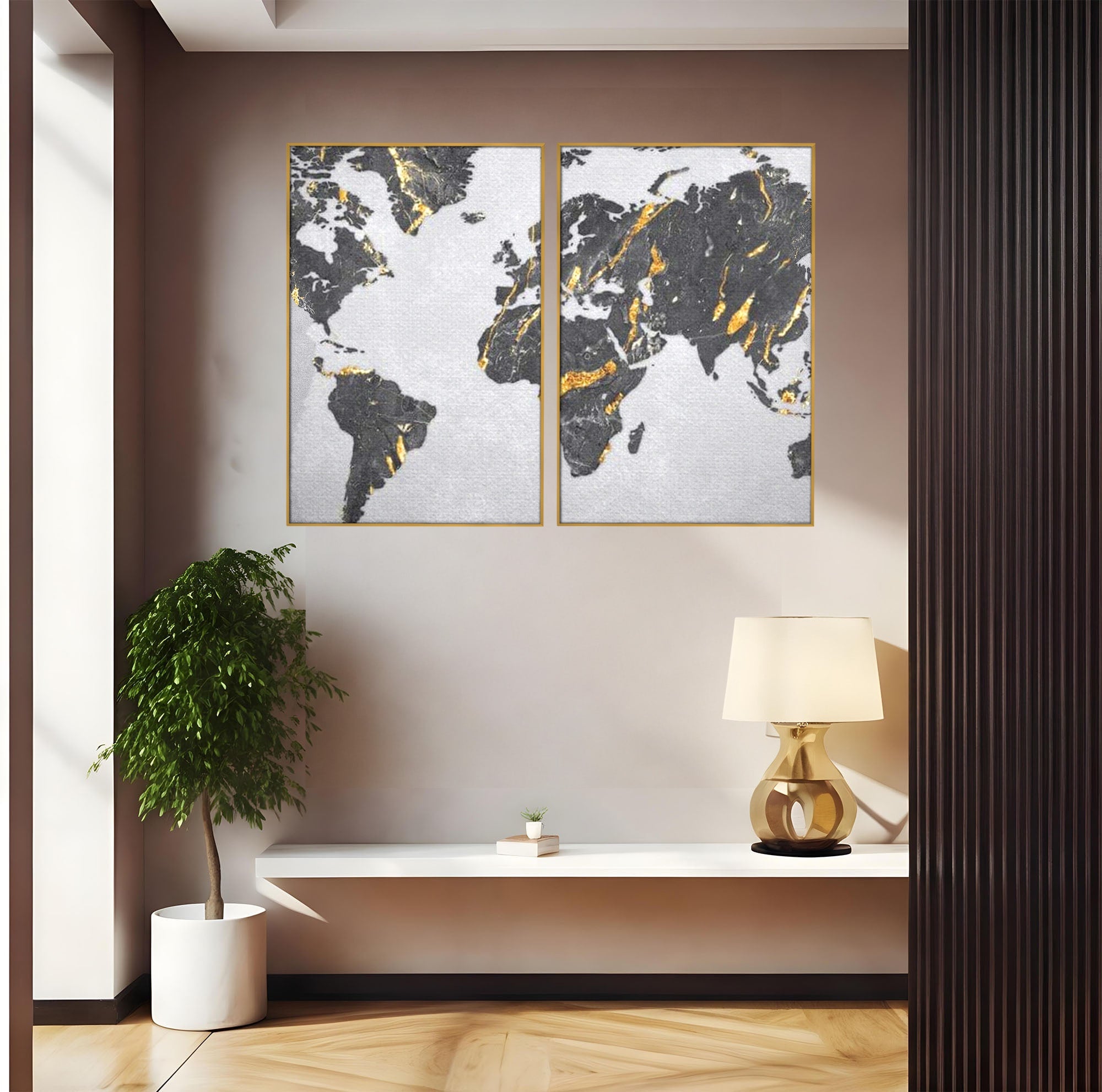 Set 2 Tablouri Canvas Premium LuxCanva® L2-1006, Lumea in Marmura si Aur, Harta, Mapamond, Auriu, Negru, Lux, Marmura, Glam, Gold, Arta Murala, Contemporan, Minimalist