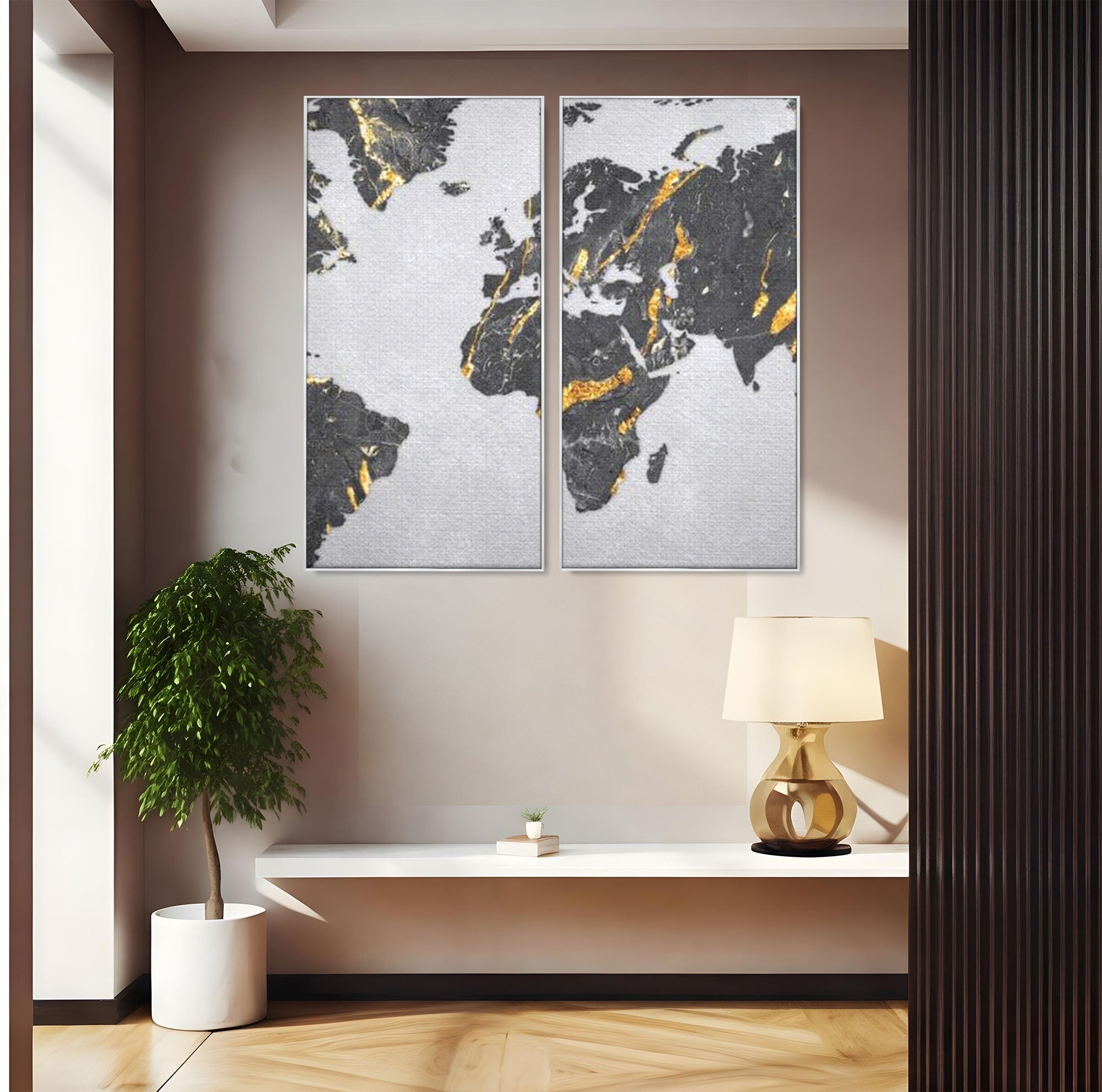 Set 2 Tablouri Canvas Premium LuxCanva® L2-1006, Lumea in Marmura si Aur, Harta, Mapamond, Auriu, Negru, Lux, Marmura, Glam, Gold, Arta Murala, Contemporan, Minimalist