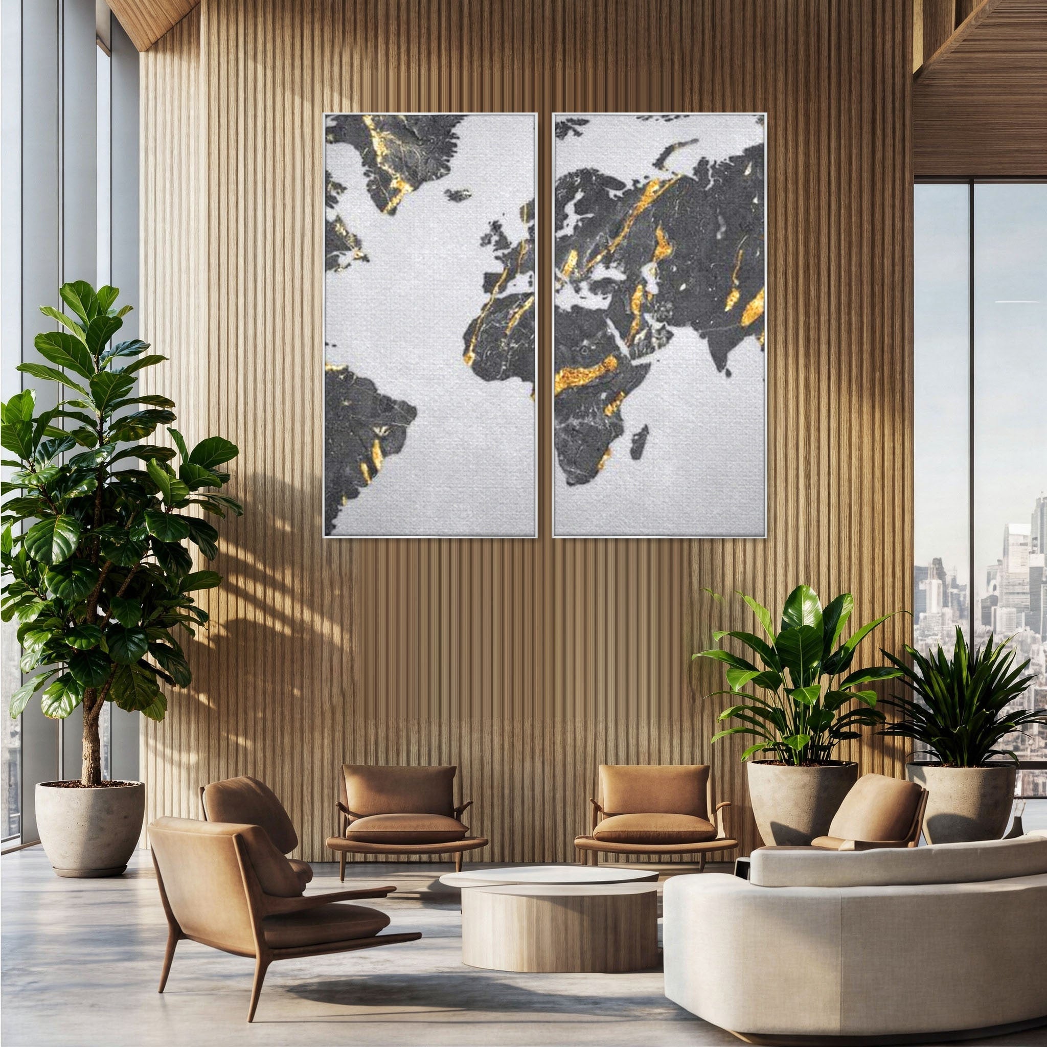 Set 2 Tablouri Canvas Premium LuxCanva® L2-1006, Lumea in Marmura si Aur, Harta, Mapamond, Auriu, Negru, Lux, Marmura, Glam, Gold, Arta Murala, Contemporan, Minimalist