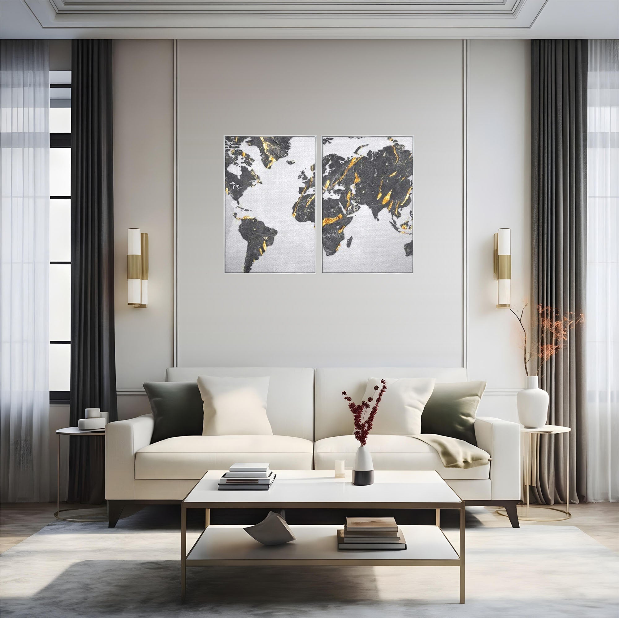 Set 2 Tablouri Canvas Premium LuxCanva® L2-1006, Lumea in Marmura si Aur, Harta, Mapamond, Auriu, Negru, Lux, Marmura, Glam, Gold, Arta Murala, Contemporan, Minimalist