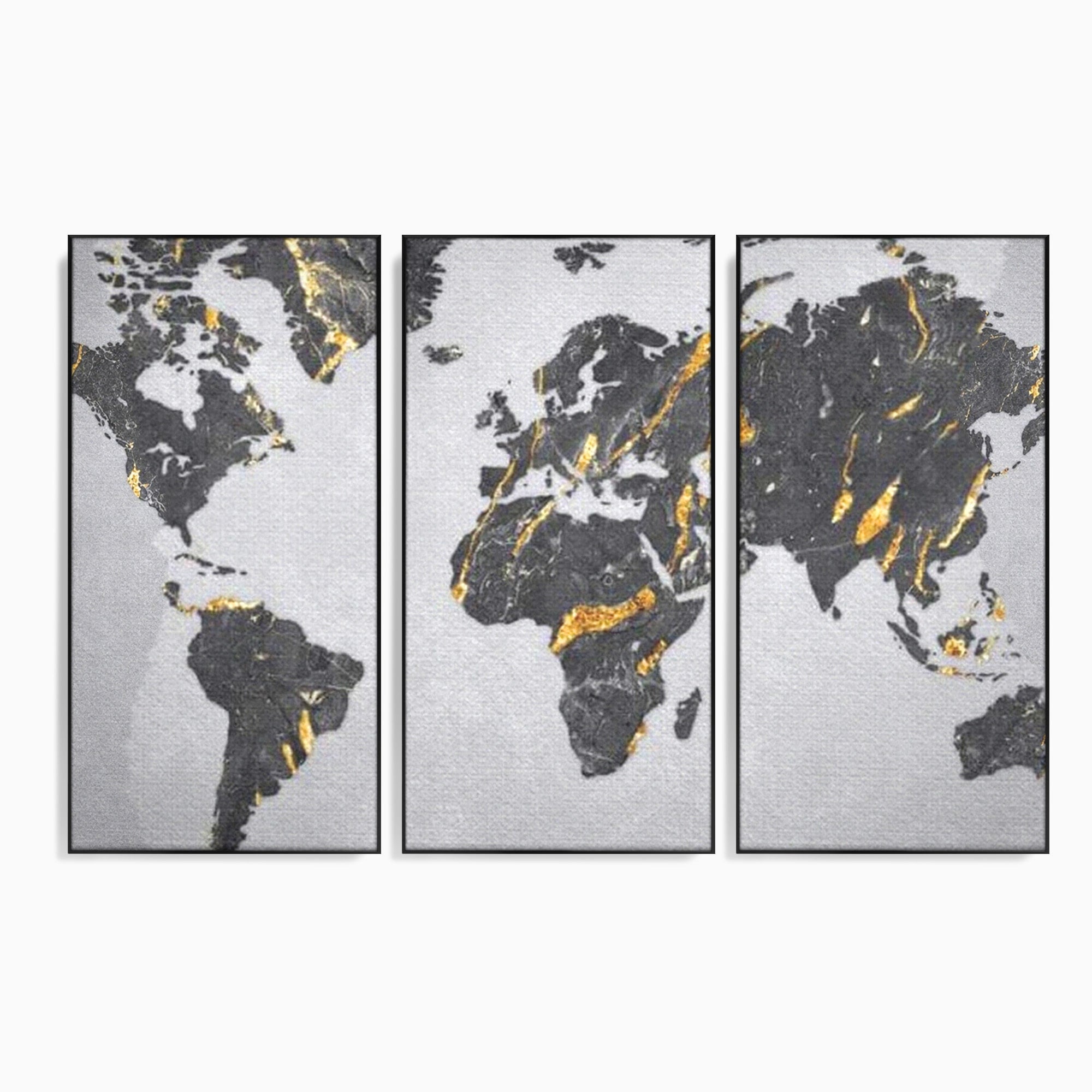 Set 3 Tablouri Canvas Premium LuxCanva® L3-1006, Lumea in Marmura si Aur, Harta, Mapamond, Auriu, Negru, Lux, Marmura, Glam, Gold, Arta Murala, Contemporan, Minimalist