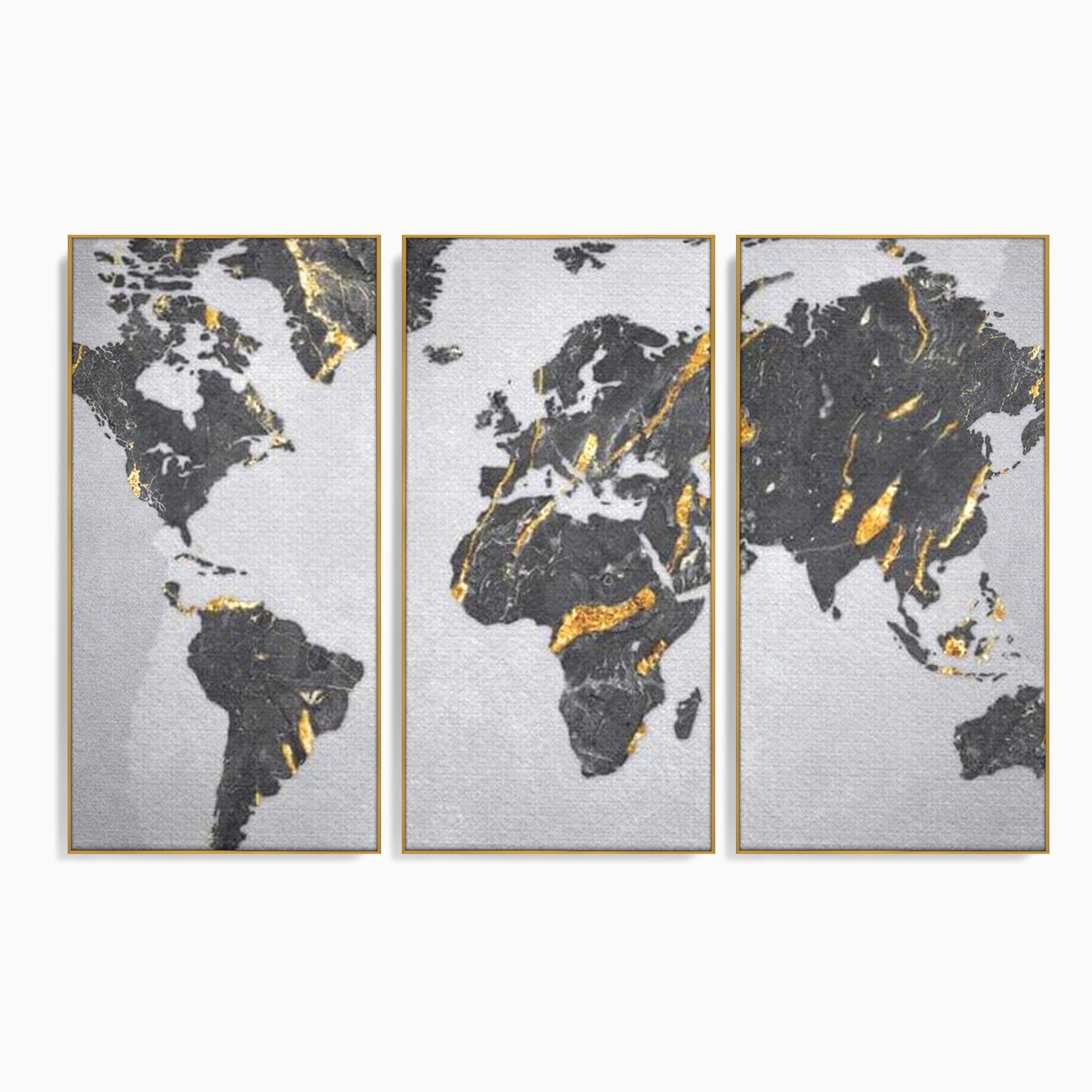 Set 3 Tablouri Canvas Premium LuxCanva® L3-1006, Lumea in Marmura si Aur, Harta, Mapamond, Auriu, Negru, Lux, Marmura, Glam, Gold, Arta Murala, Contemporan, Minimalist