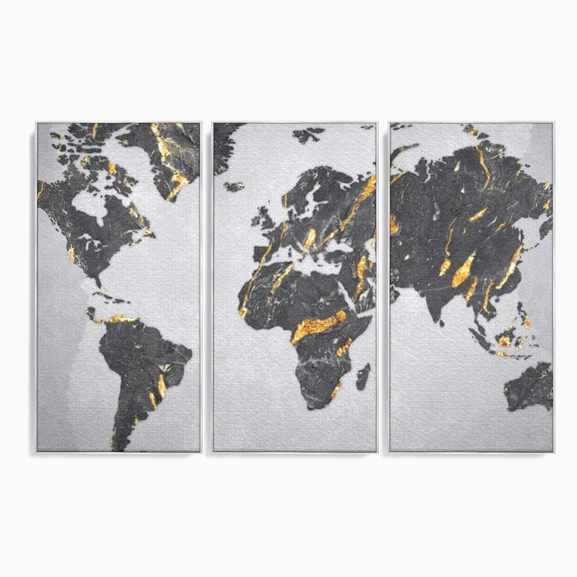 Set 3 Tablouri Canvas Premium LuxCanva® L3-1006, Lumea in Marmura si Aur, Harta, Mapamond, Auriu, Negru, Lux, Marmura, Glam, Gold, Arta Murala, Contemporan, Minimalist