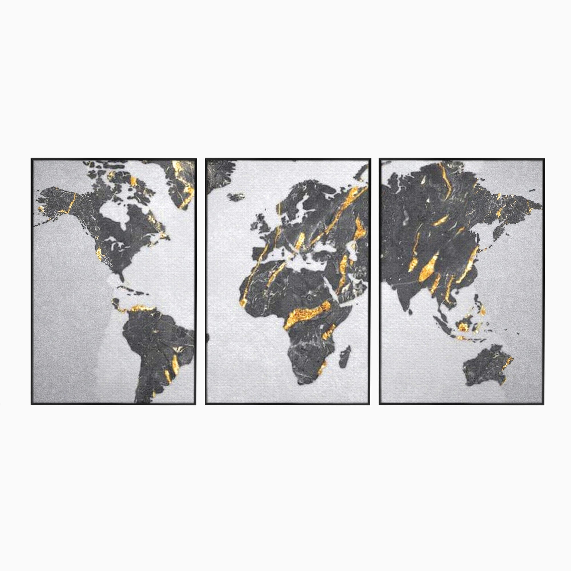 Set 3 Tablouri Canvas Premium LuxCanva® L3-1006, Lumea in Marmura si Aur, Harta, Mapamond, Auriu, Negru, Lux, Marmura, Glam, Gold, Arta Murala, Contemporan, Minimalist