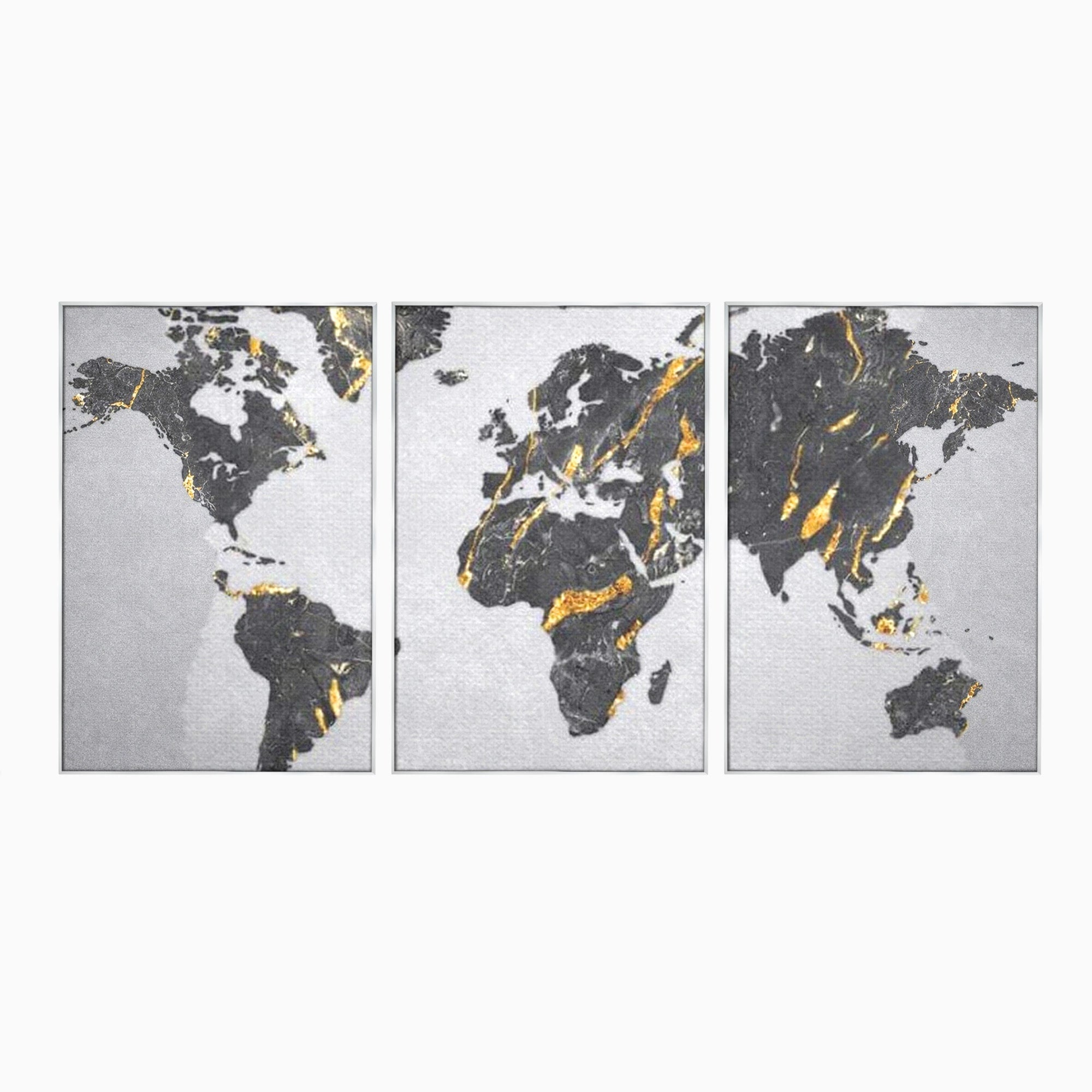 Set 3 Tablouri Canvas Premium LuxCanva® L3-1006, Lumea in Marmura si Aur, Harta, Mapamond, Auriu, Negru, Lux, Marmura, Glam, Gold, Arta Murala, Contemporan, Minimalist