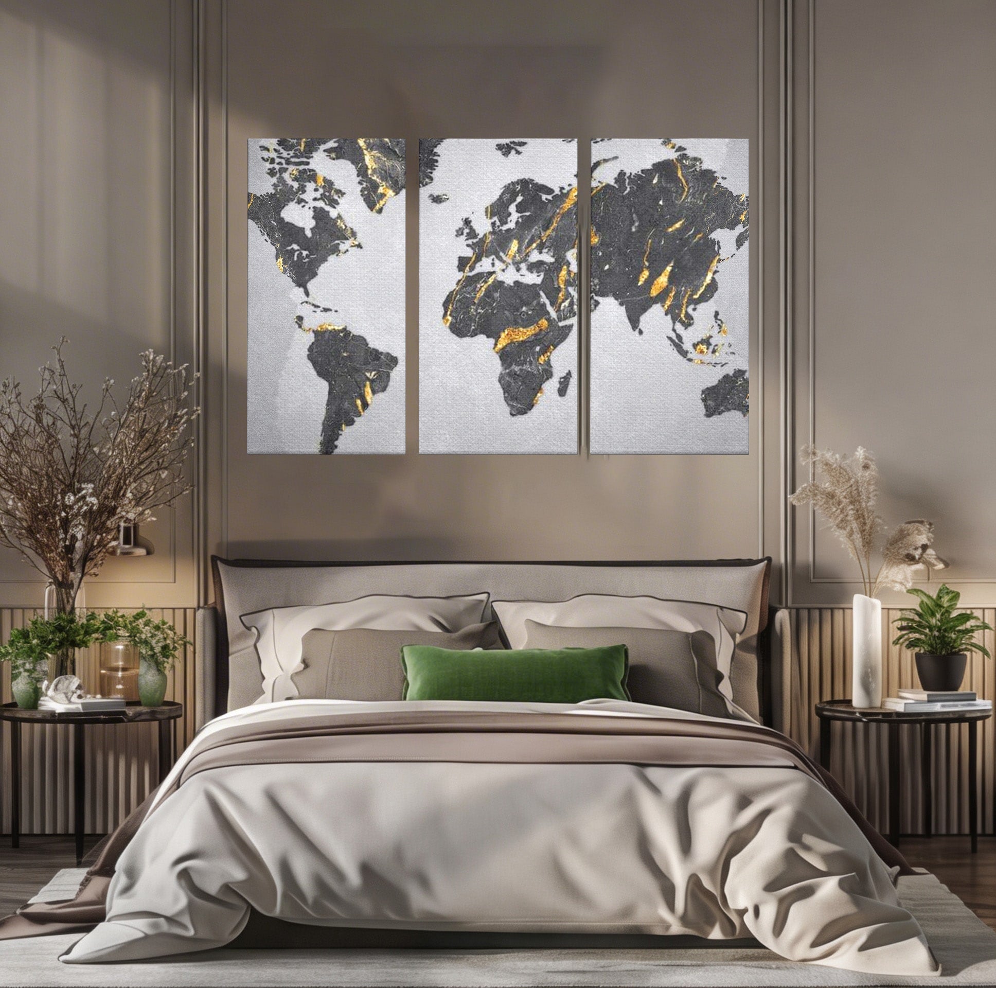 Set 3 Tablouri Canvas Premium LuxCanva® L3-1006, Lumea in Marmura si Aur, Harta, Mapamond, Auriu, Negru, Lux, Marmura, Glam, Gold, Arta Murala, Contemporan, Minimalist