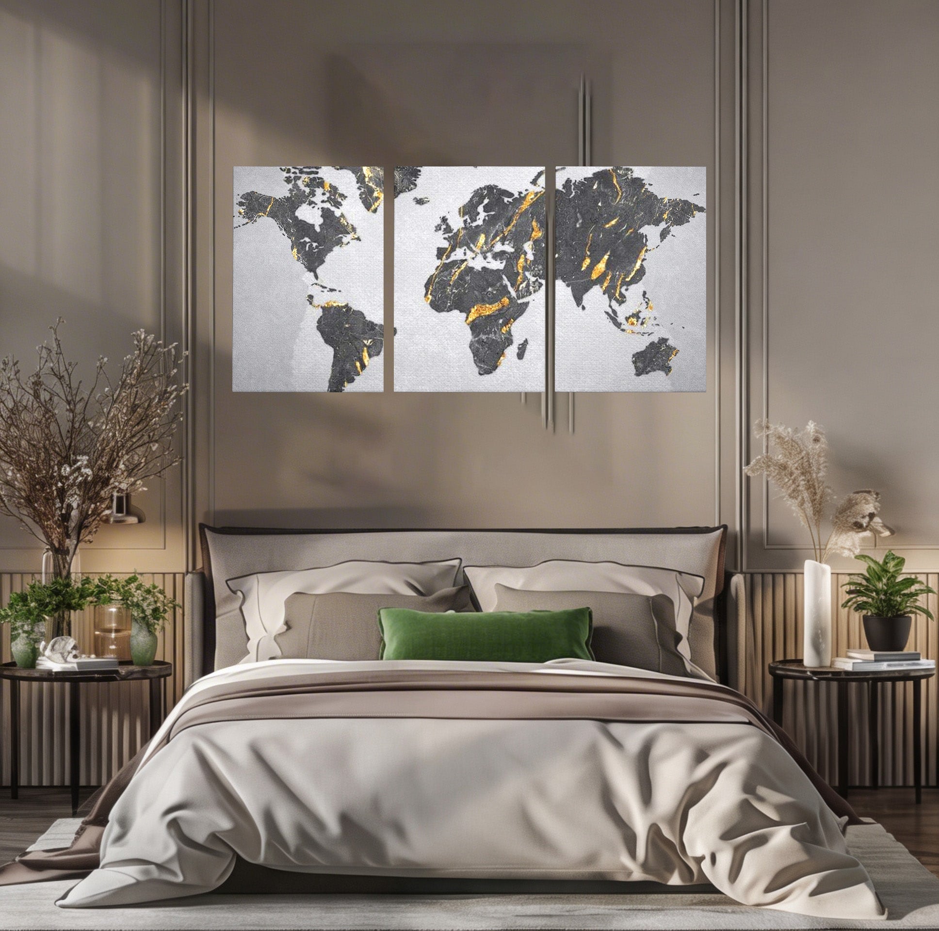 Set 3 Tablouri Canvas Premium LuxCanva® L3-1006, Lumea in Marmura si Aur, Harta, Mapamond, Auriu, Negru, Lux, Marmura, Glam, Gold, Arta Murala, Contemporan, Minimalist