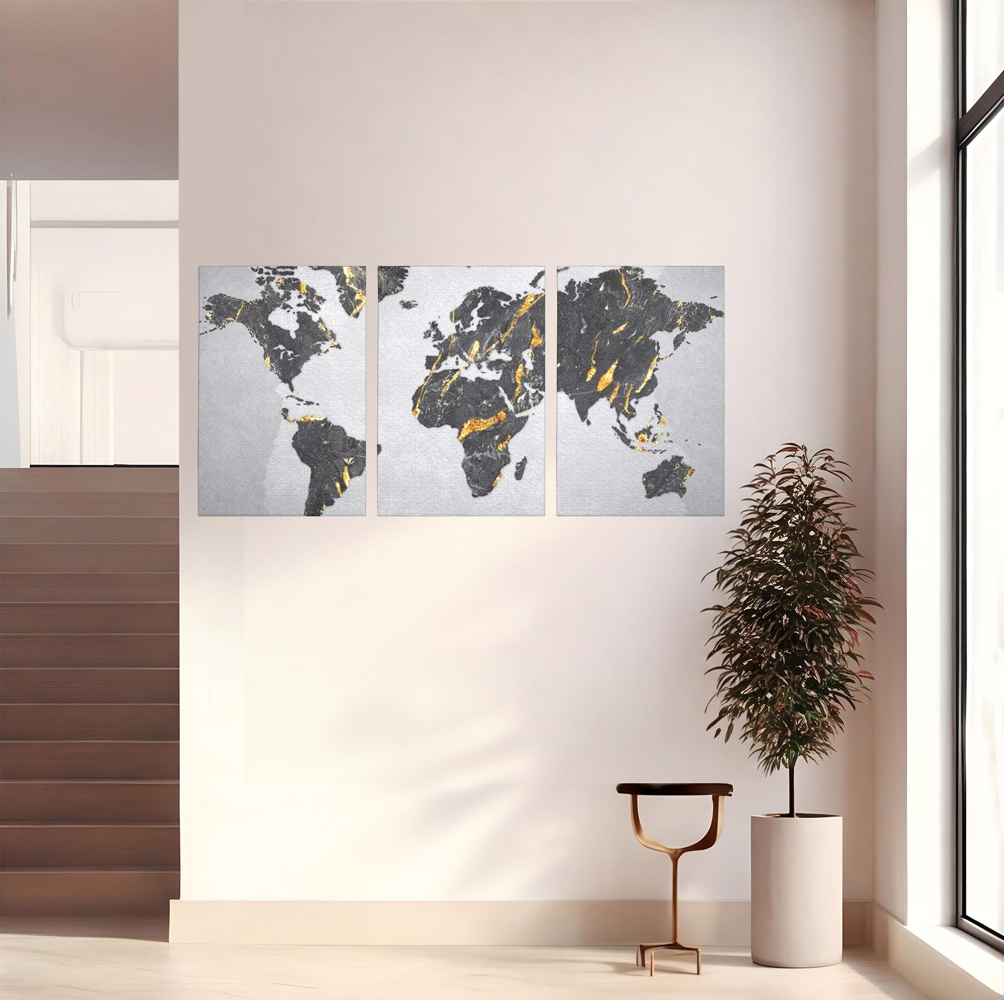 Set 3 Tablouri Canvas Premium LuxCanva® L3-1006, Lumea in Marmura si Aur, Harta, Mapamond, Auriu, Negru, Lux, Marmura, Glam, Gold, Arta Murala, Contemporan, Minimalist