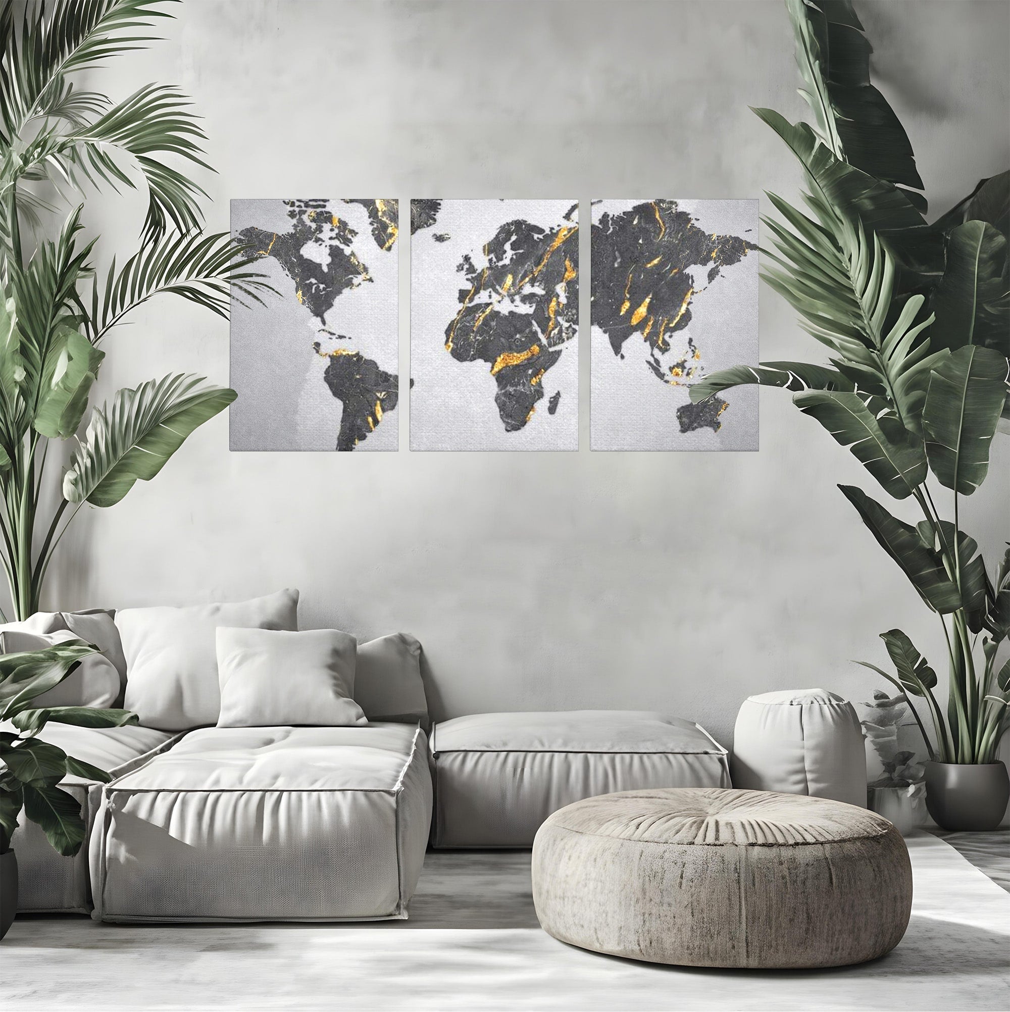 Set 3 Tablouri Canvas Premium LuxCanva® L3-1006, Lumea in Marmura si Aur, Harta, Mapamond, Auriu, Negru, Lux, Marmura, Glam, Gold, Arta Murala, Contemporan, Minimalist