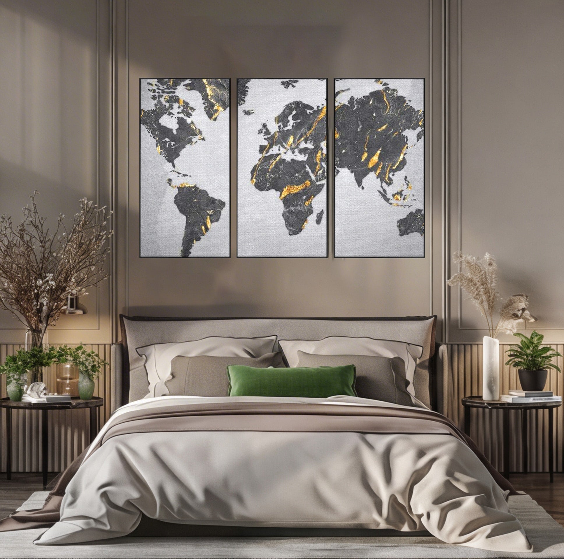 Set 3 Tablouri Canvas Premium LuxCanva® L3-1006, Lumea in Marmura si Aur, Harta, Mapamond, Auriu, Negru, Lux, Marmura, Glam, Gold, Arta Murala, Contemporan, Minimalist