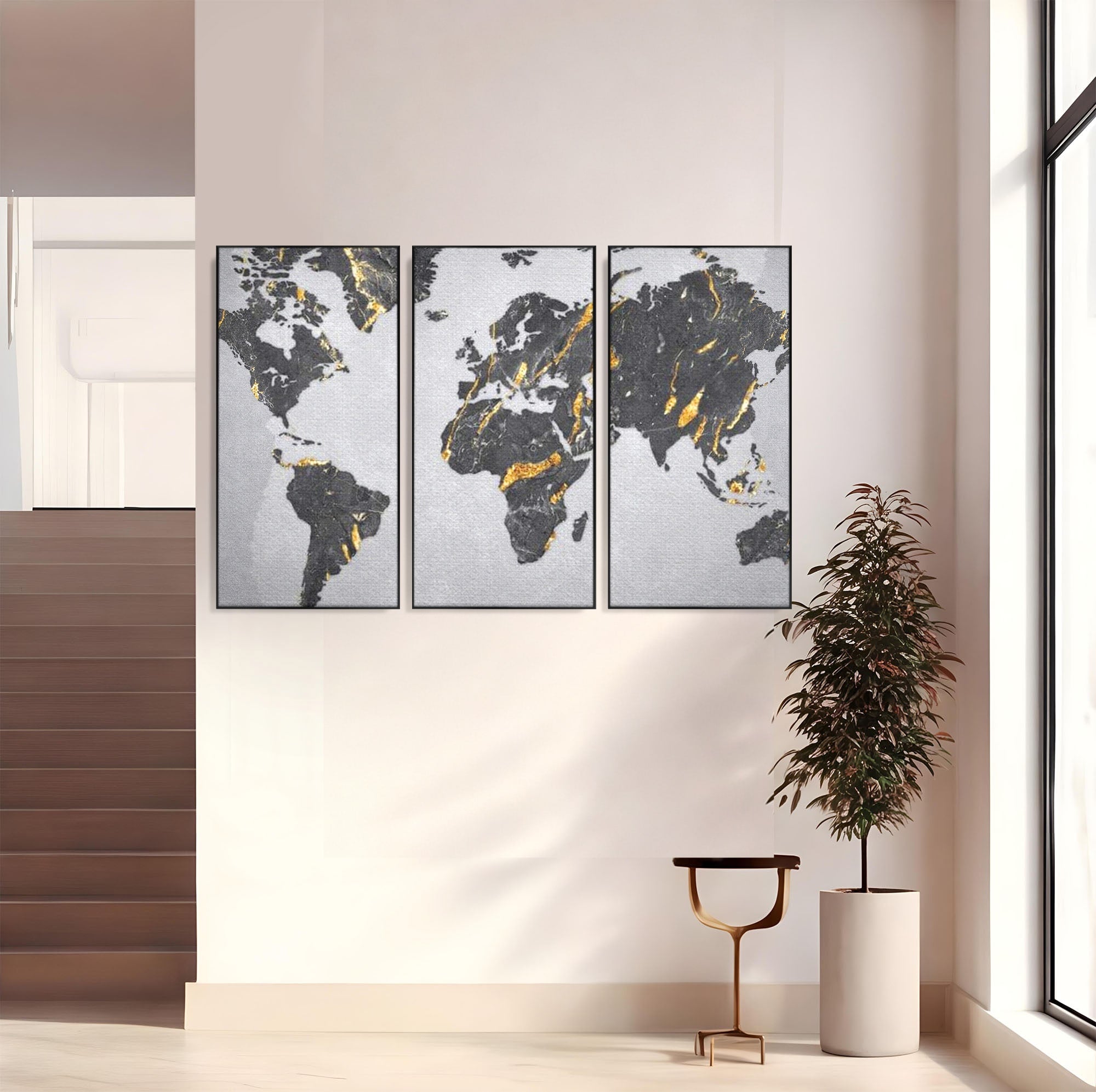 Set 3 Tablouri Canvas Premium LuxCanva® L3-1006, Lumea in Marmura si Aur, Harta, Mapamond, Auriu, Negru, Lux, Marmura, Glam, Gold, Arta Murala, Contemporan, Minimalist