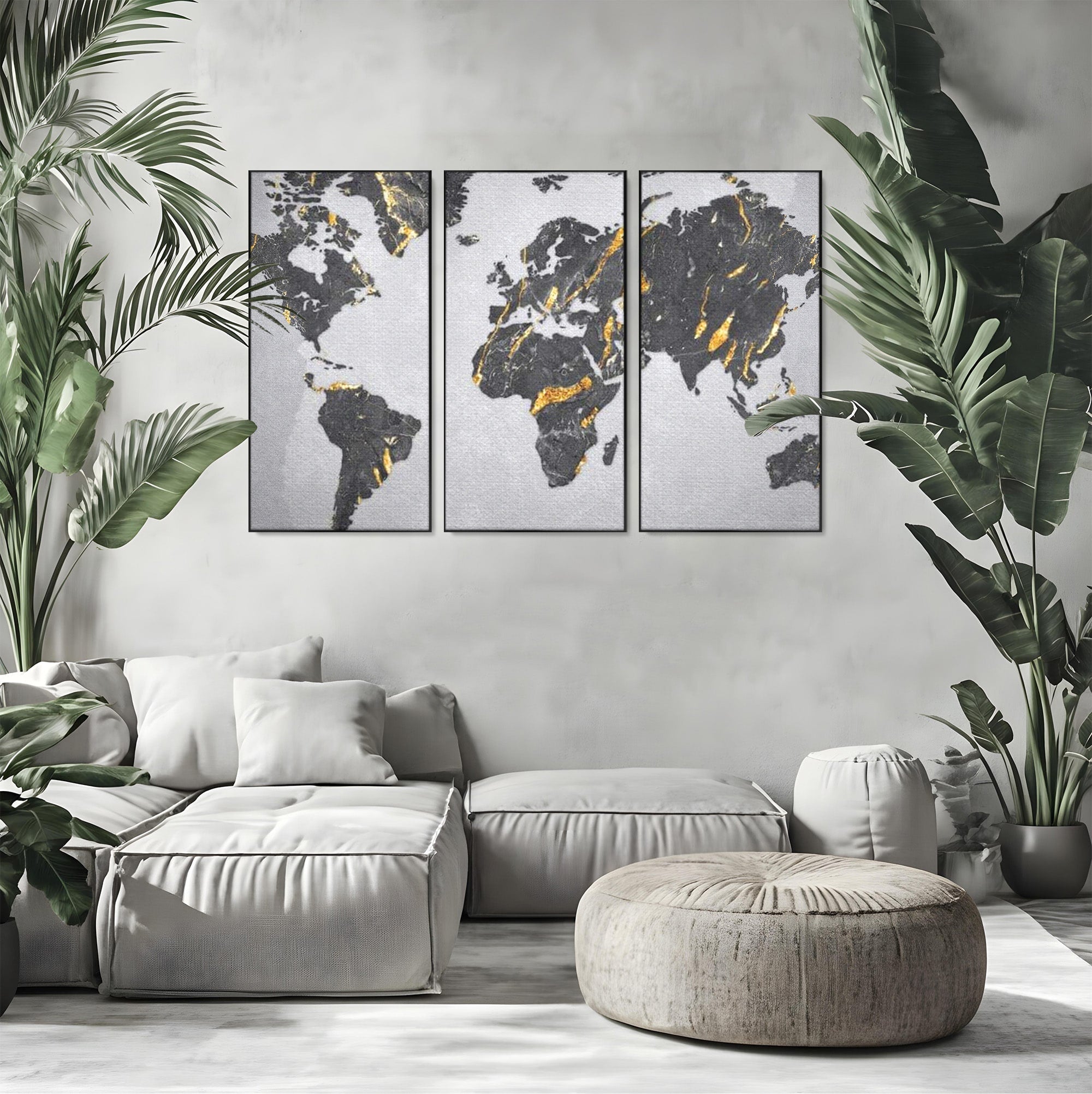 Set 3 Tablouri Canvas Premium LuxCanva® L3-1006, Lumea in Marmura si Aur, Harta, Mapamond, Auriu, Negru, Lux, Marmura, Glam, Gold, Arta Murala, Contemporan, Minimalist