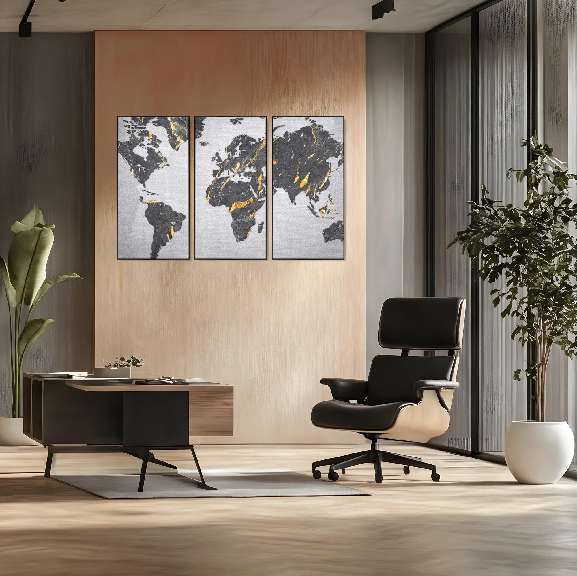 Set 3 Tablouri Canvas Premium LuxCanva® L3-1006, Lumea in Marmura si Aur, Harta, Mapamond, Auriu, Negru, Lux, Marmura, Glam, Gold, Arta Murala, Contemporan, Minimalist