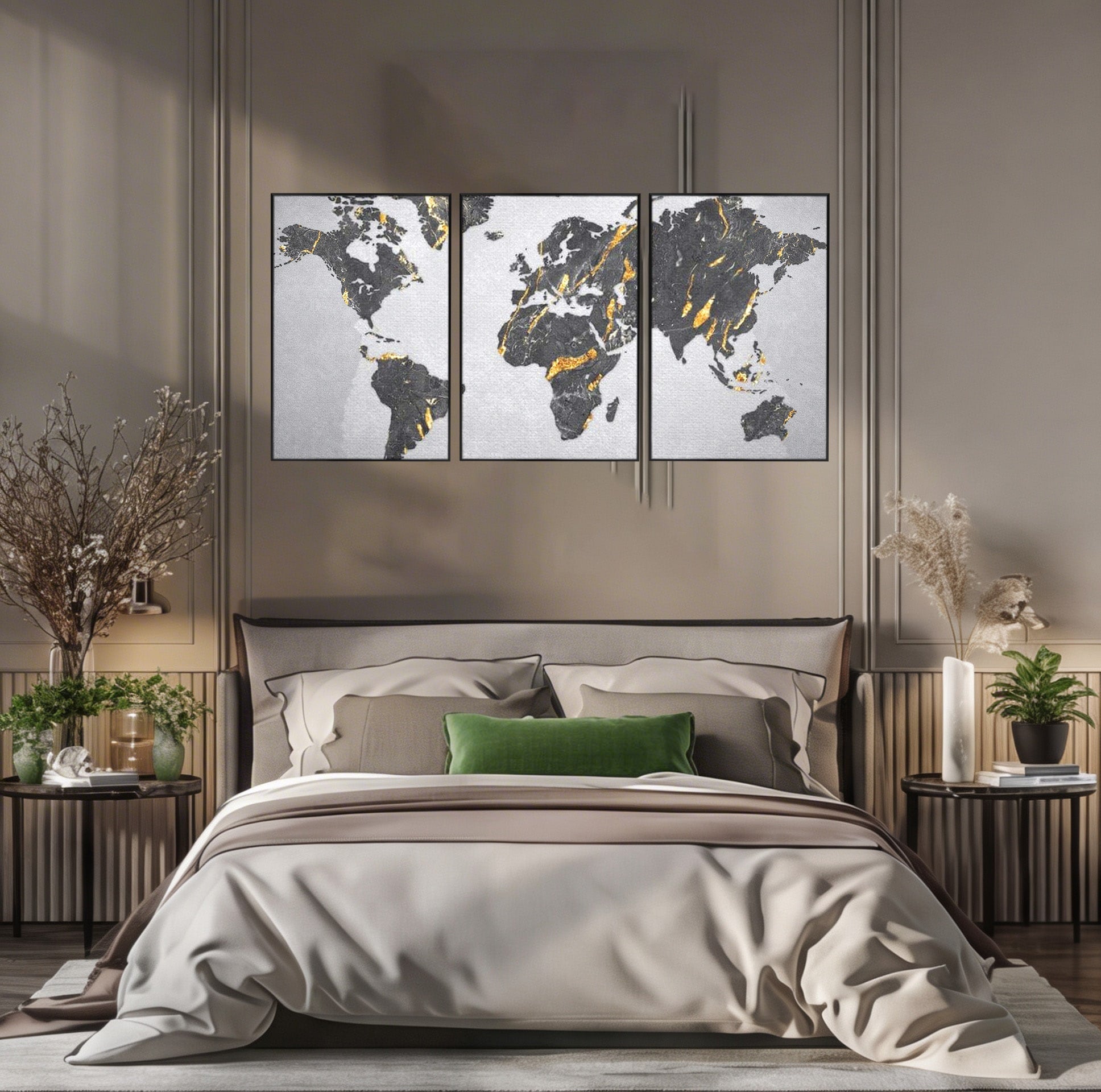 Set 3 Tablouri Canvas Premium LuxCanva® L3-1006, Lumea in Marmura si Aur, Harta, Mapamond, Auriu, Negru, Lux, Marmura, Glam, Gold, Arta Murala, Contemporan, Minimalist