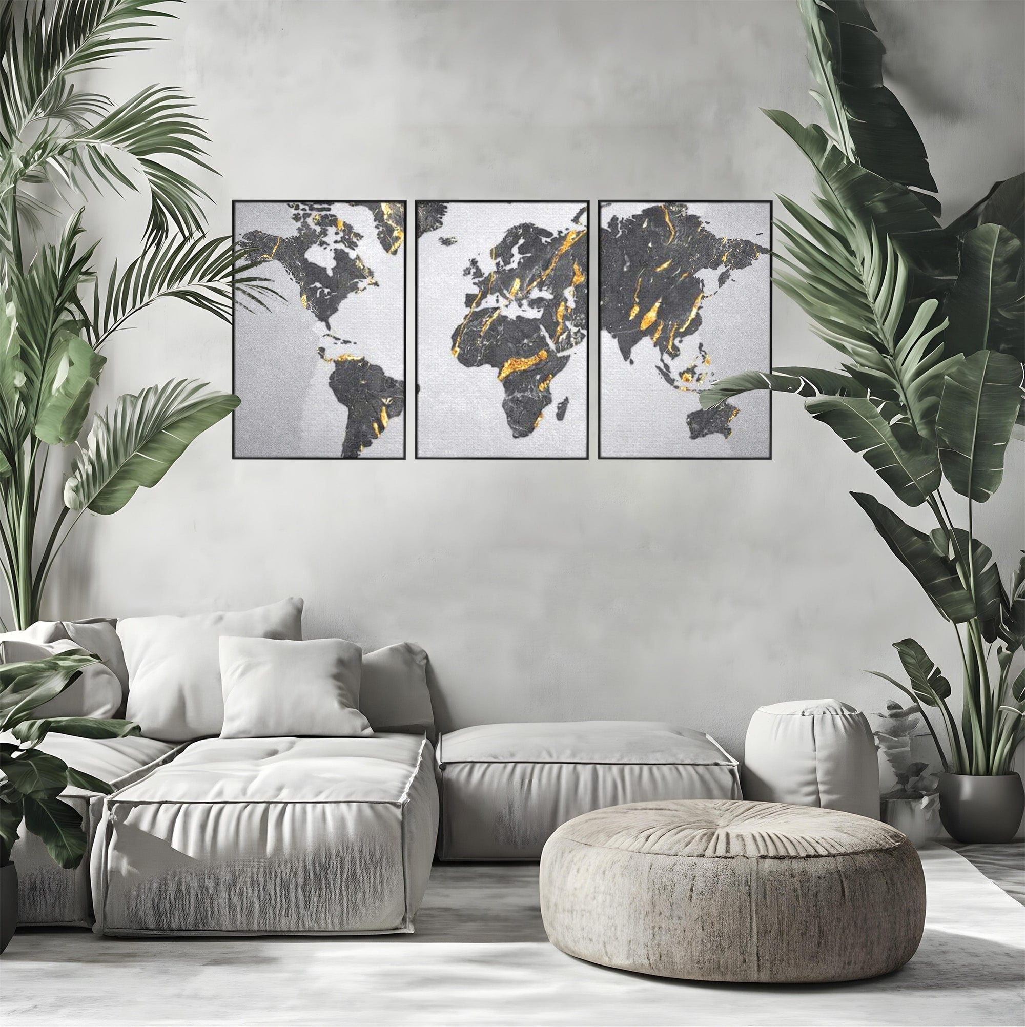 Set 3 Tablouri Canvas Premium LuxCanva® L3-1006, Lumea in Marmura si Aur, Harta, Mapamond, Auriu, Negru, Lux, Marmura, Glam, Gold, Arta Murala, Contemporan, Minimalist