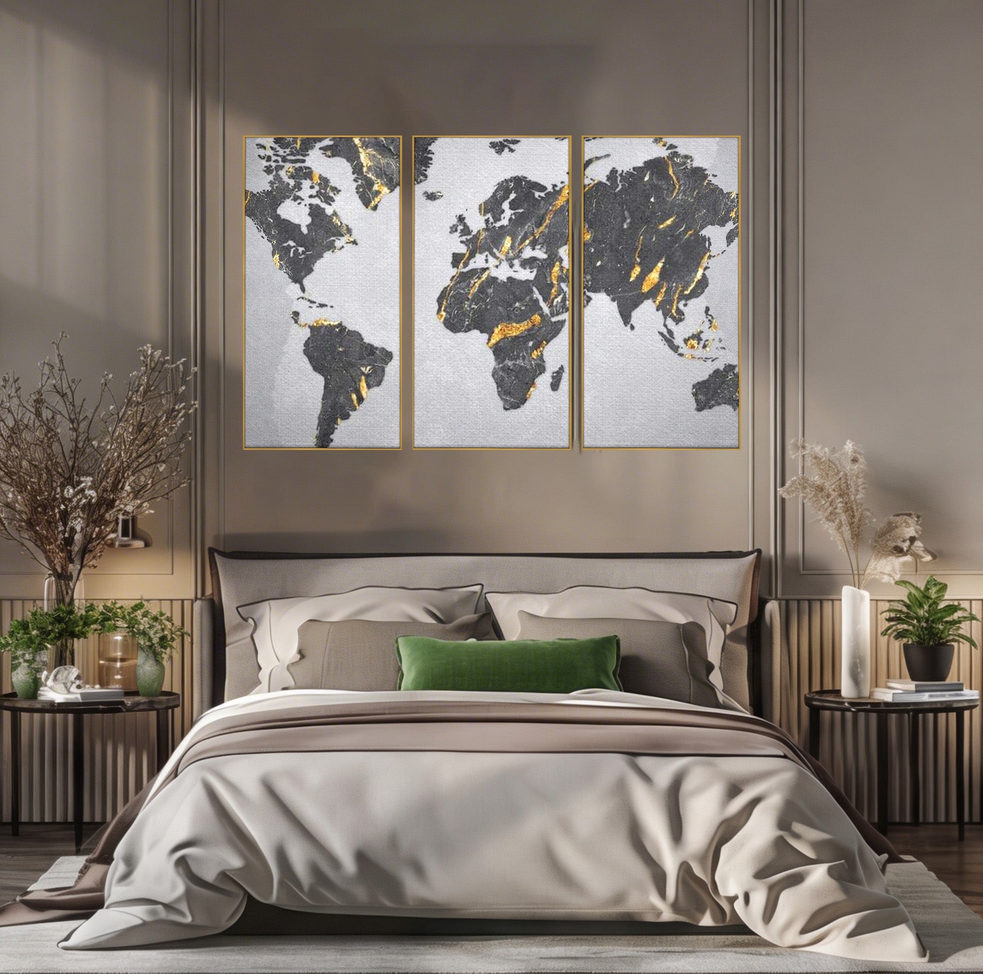 Set 3 Tablouri Canvas Premium LuxCanva® L3-1006, Lumea in Marmura si Aur, Harta, Mapamond, Auriu, Negru, Lux, Marmura, Glam, Gold, Arta Murala, Contemporan, Minimalist