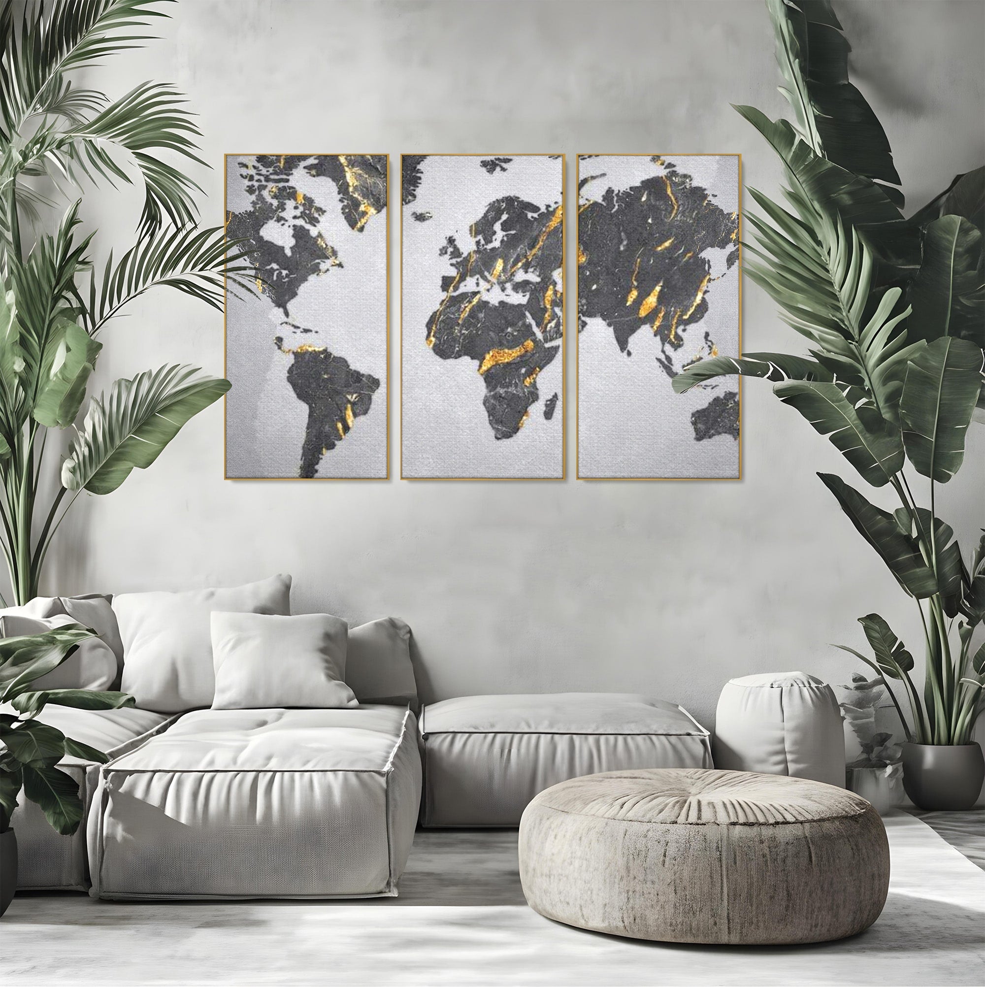Set 3 Tablouri Canvas Premium LuxCanva® L3-1006, Lumea in Marmura si Aur, Harta, Mapamond, Auriu, Negru, Lux, Marmura, Glam, Gold, Arta Murala, Contemporan, Minimalist