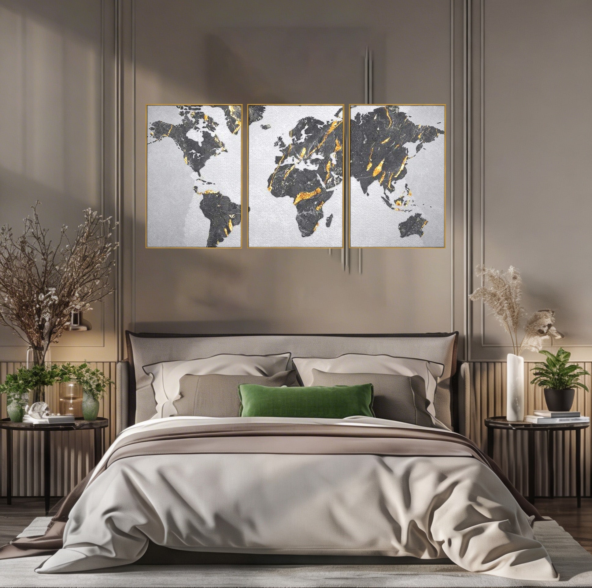 Set 3 Tablouri Canvas Premium LuxCanva® L3-1006, Lumea in Marmura si Aur, Harta, Mapamond, Auriu, Negru, Lux, Marmura, Glam, Gold, Arta Murala, Contemporan, Minimalist