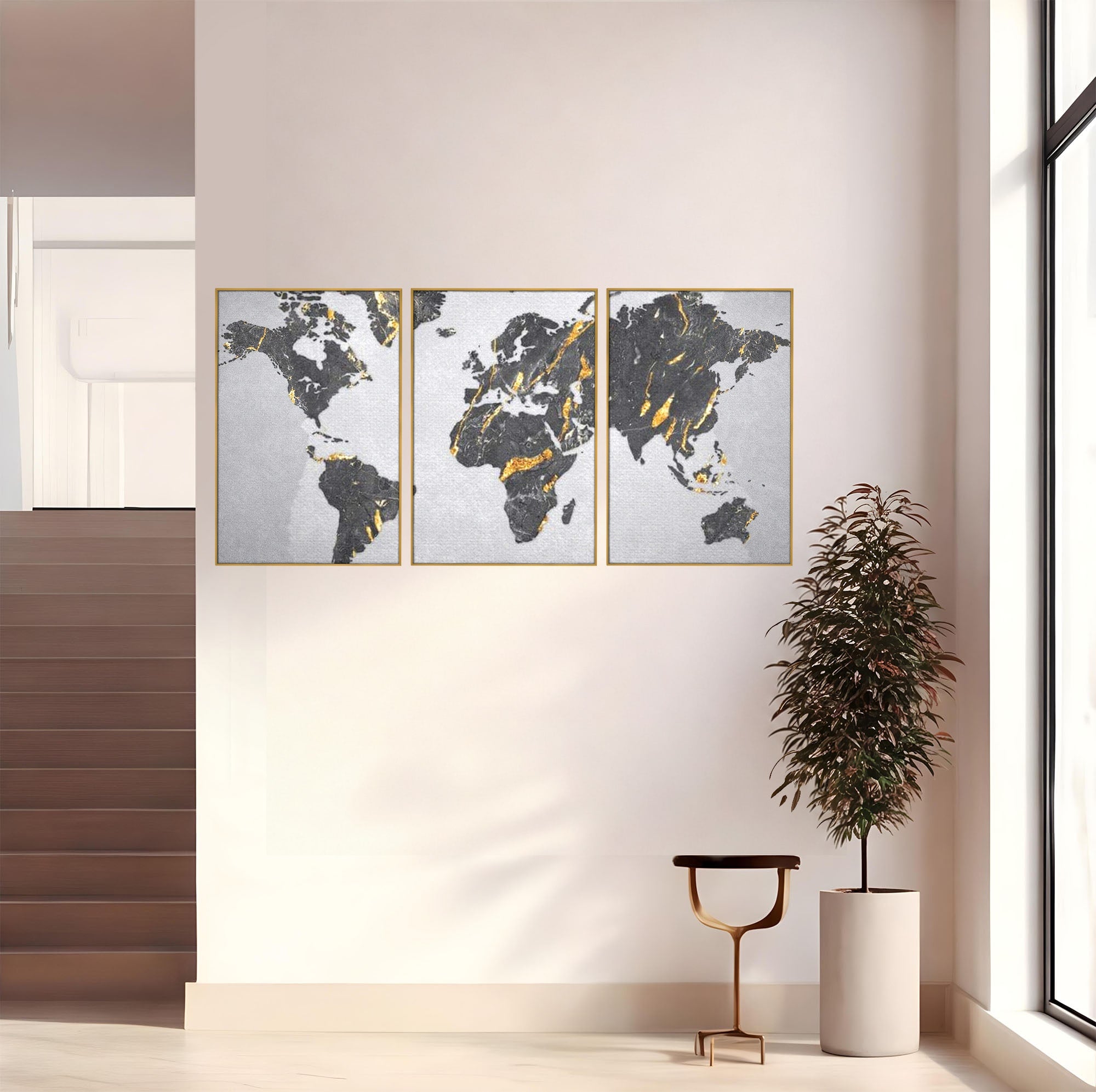 Set 3 Tablouri Canvas Premium LuxCanva® L3-1006, Lumea in Marmura si Aur, Harta, Mapamond, Auriu, Negru, Lux, Marmura, Glam, Gold, Arta Murala, Contemporan, Minimalist