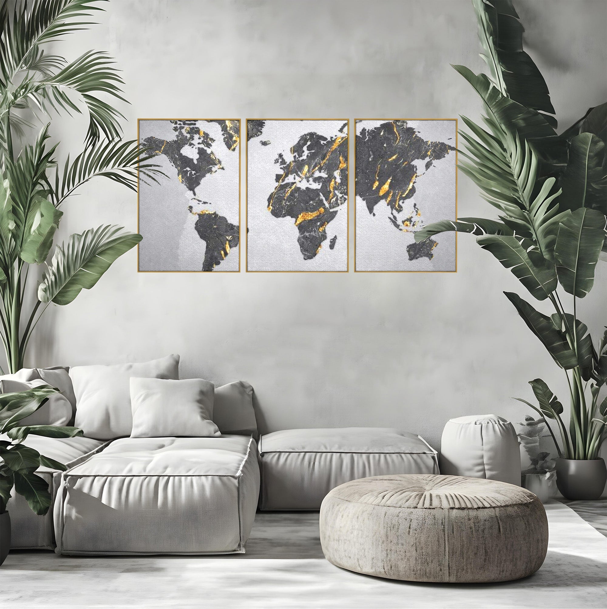 Set 3 Tablouri Canvas Premium LuxCanva® L3-1006, Lumea in Marmura si Aur, Harta, Mapamond, Auriu, Negru, Lux, Marmura, Glam, Gold, Arta Murala, Contemporan, Minimalist