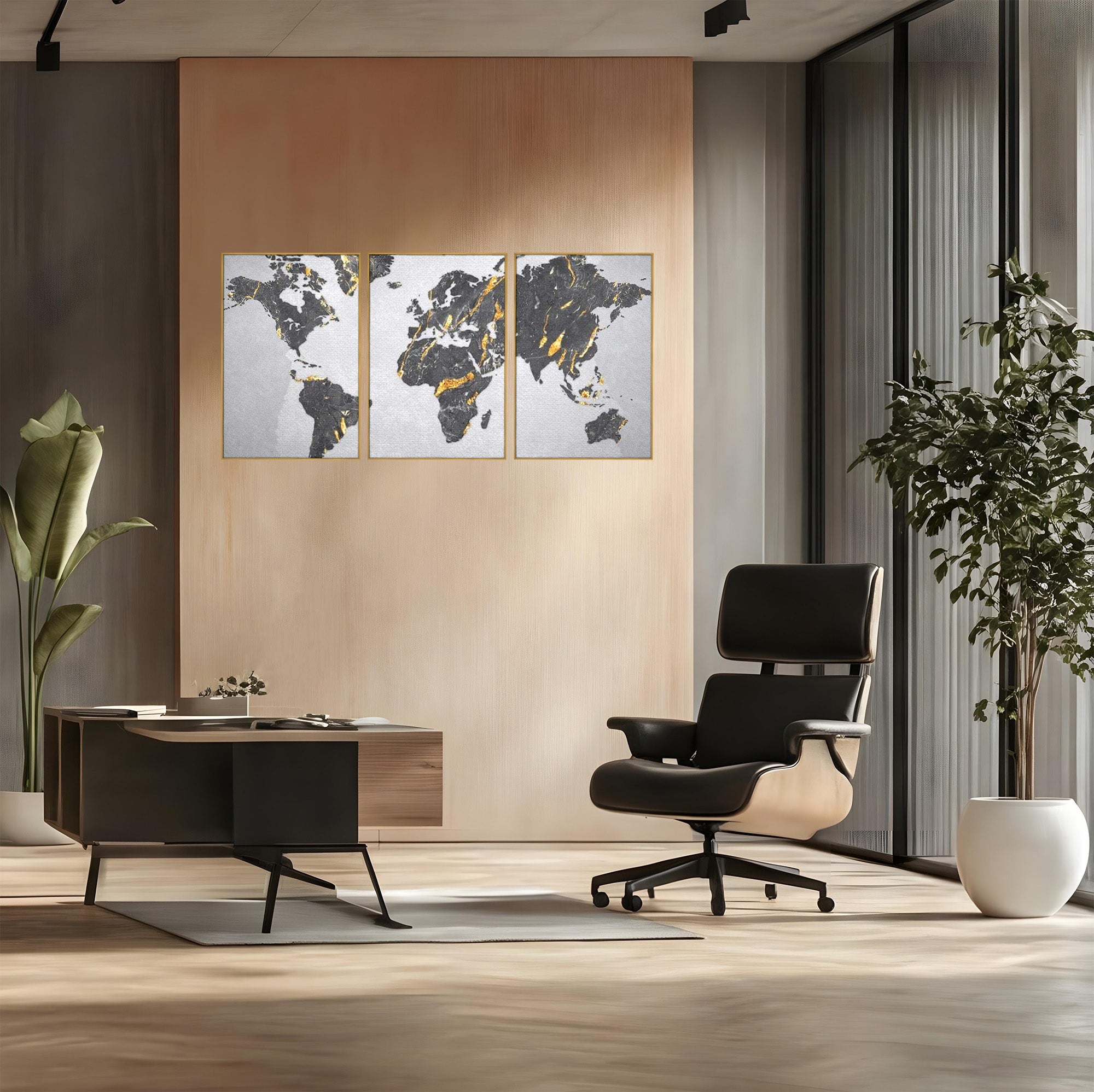 Set 3 Tablouri Canvas Premium LuxCanva® L3-1006, Lumea in Marmura si Aur, Harta, Mapamond, Auriu, Negru, Lux, Marmura, Glam, Gold, Arta Murala, Contemporan, Minimalist