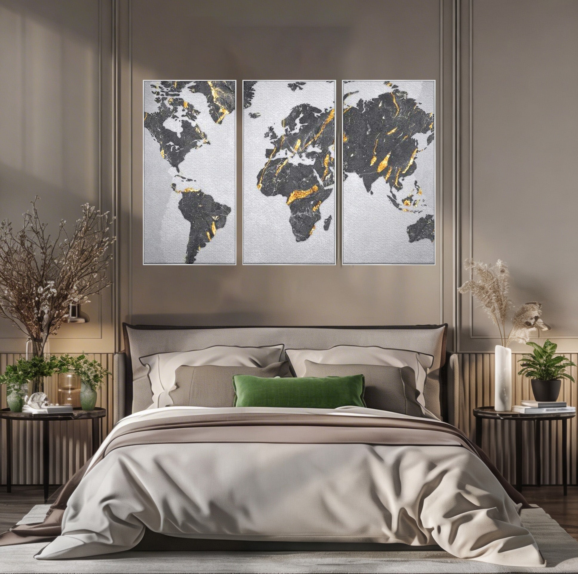 Set 3 Tablouri Canvas Premium LuxCanva® L3-1006, Lumea in Marmura si Aur, Harta, Mapamond, Auriu, Negru, Lux, Marmura, Glam, Gold, Arta Murala, Contemporan, Minimalist