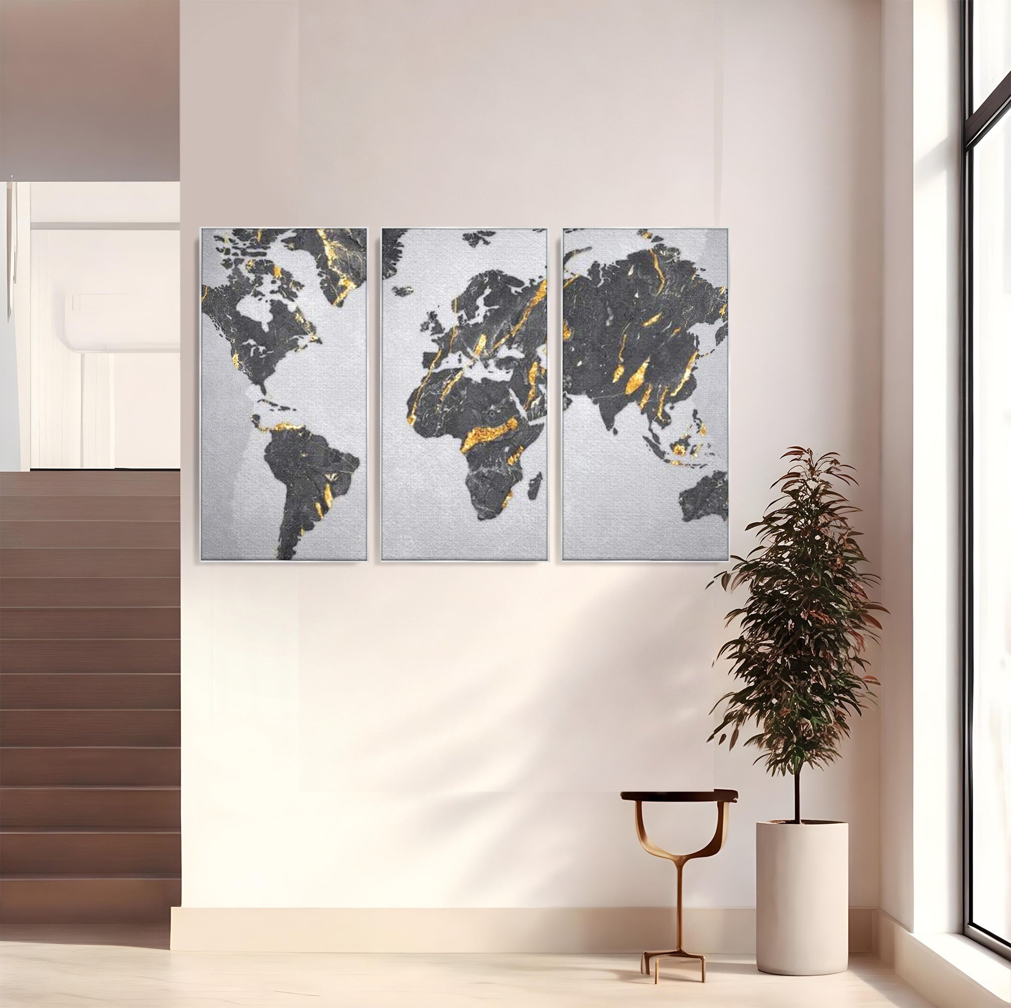 Set 3 Tablouri Canvas Premium LuxCanva® L3-1006, Lumea in Marmura si Aur, Harta, Mapamond, Auriu, Negru, Lux, Marmura, Glam, Gold, Arta Murala, Contemporan, Minimalist