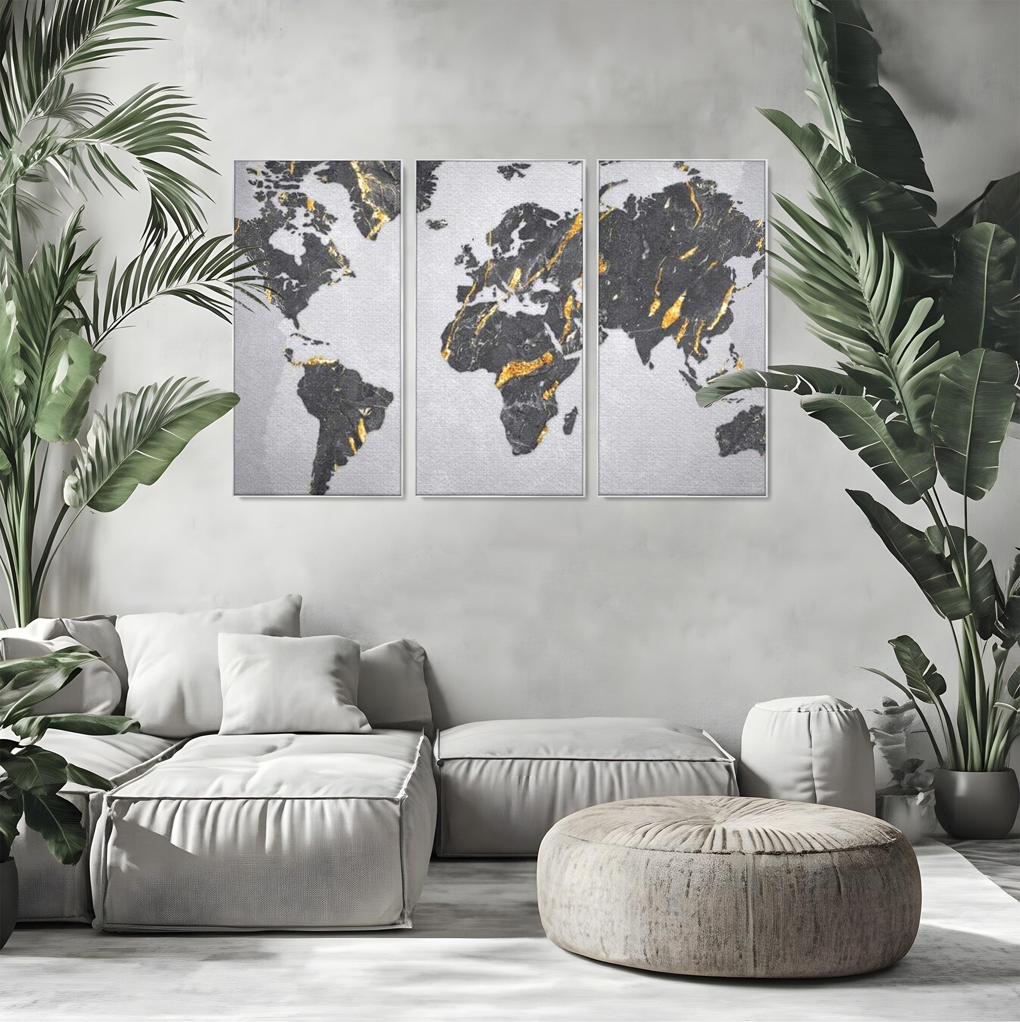 Set 3 Tablouri Canvas Premium LuxCanva® L3-1006, Lumea in Marmura si Aur, Harta, Mapamond, Auriu, Negru, Lux, Marmura, Glam, Gold, Arta Murala, Contemporan, Minimalist