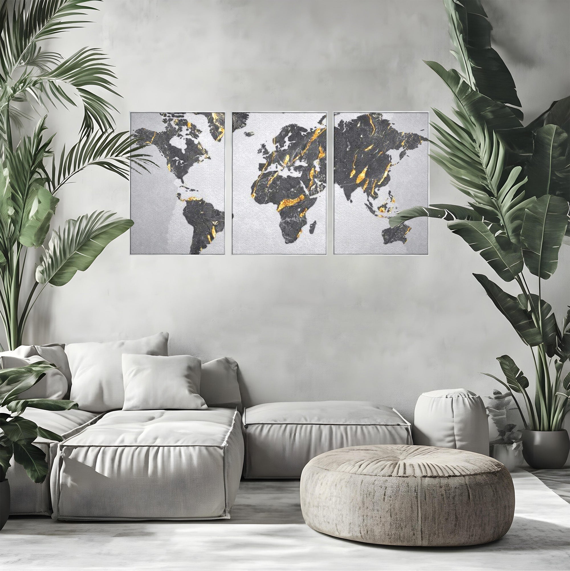 Set 3 Tablouri Canvas Premium LuxCanva® L3-1006, Lumea in Marmura si Aur, Harta, Mapamond, Auriu, Negru, Lux, Marmura, Glam, Gold, Arta Murala, Contemporan, Minimalist