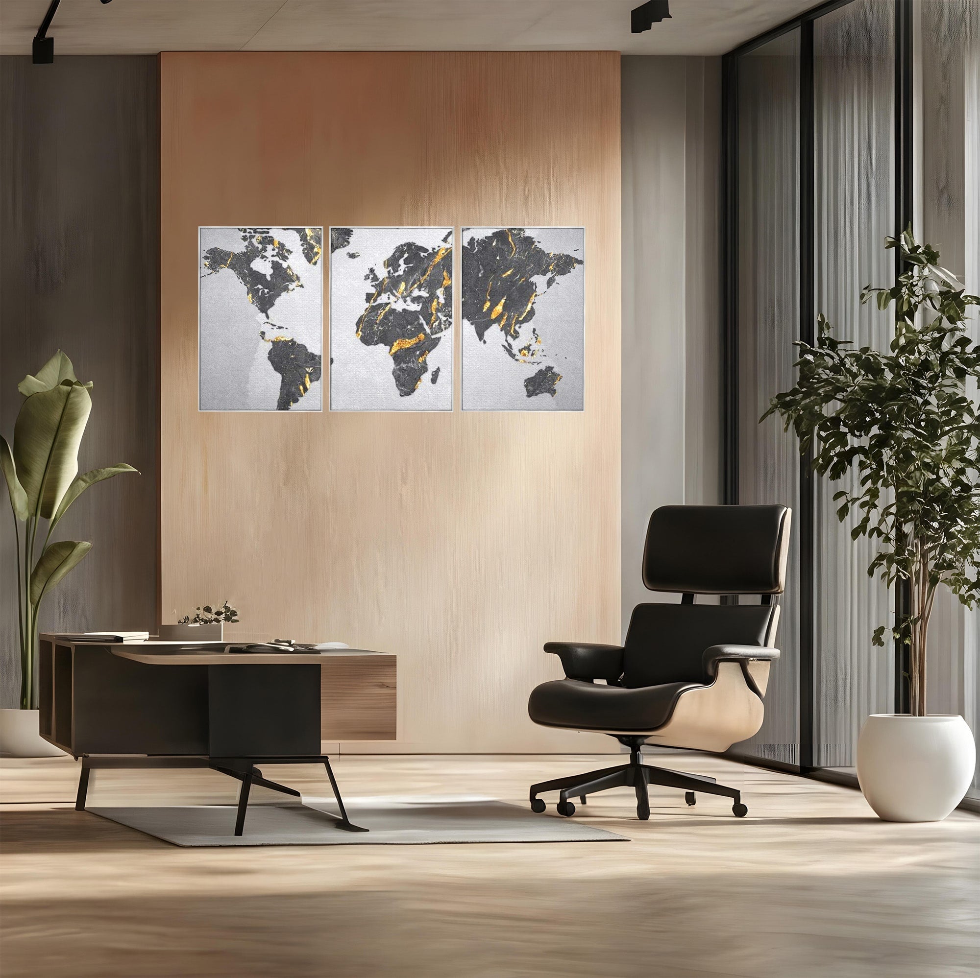 Set 3 Tablouri Canvas Premium LuxCanva® L3-1006, Lumea in Marmura si Aur, Harta, Mapamond, Auriu, Negru, Lux, Marmura, Glam, Gold, Arta Murala, Contemporan, Minimalist
