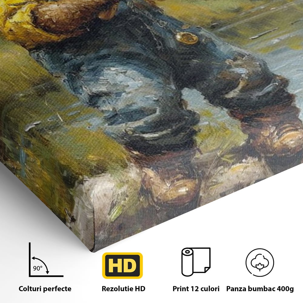 Tablou Canvas Premium, LuxCanva® M1000, Pescarul cu blana, Animale, Fauna, Urs, Blana, Pescuit, Undita, Apa, Natura, Amuzant, Birou, Living, Camera Copii