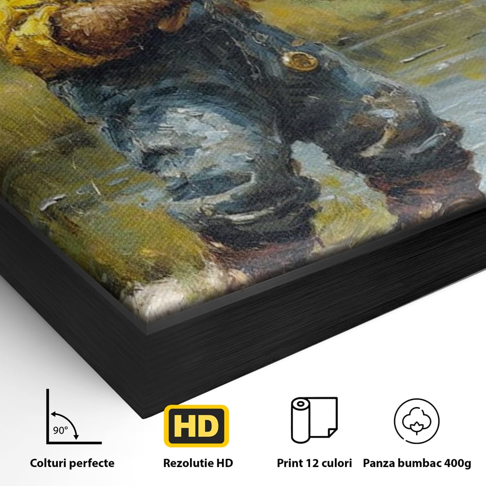 Tablou Canvas Premium, LuxCanva® M1000, Pescarul cu blana, Animale, Fauna, Urs, Blana, Pescuit, Undita, Apa, Natura, Amuzant, Birou, Living, Camera Copii