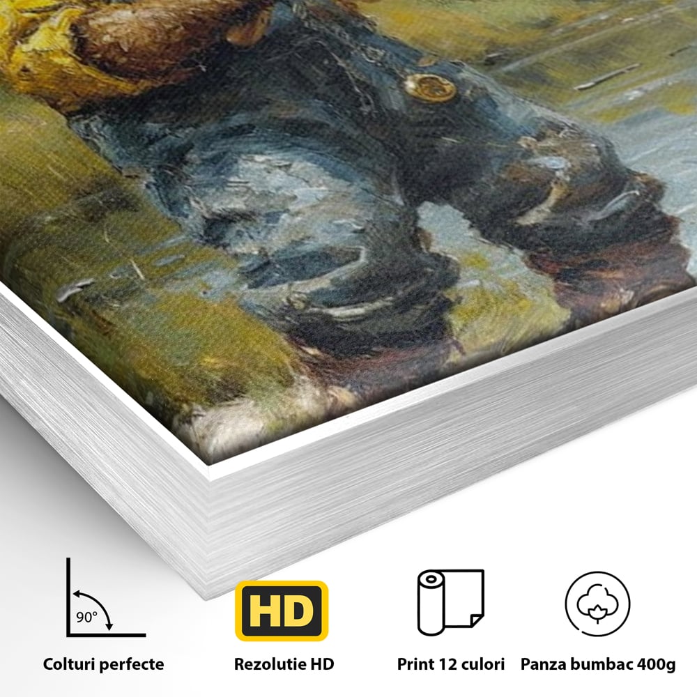 Tablou Canvas Premium, LuxCanva® M1000, Pescarul cu blana, Animale, Fauna, Urs, Blana, Pescuit, Undita, Apa, Natura, Amuzant, Birou, Living, Camera Copii