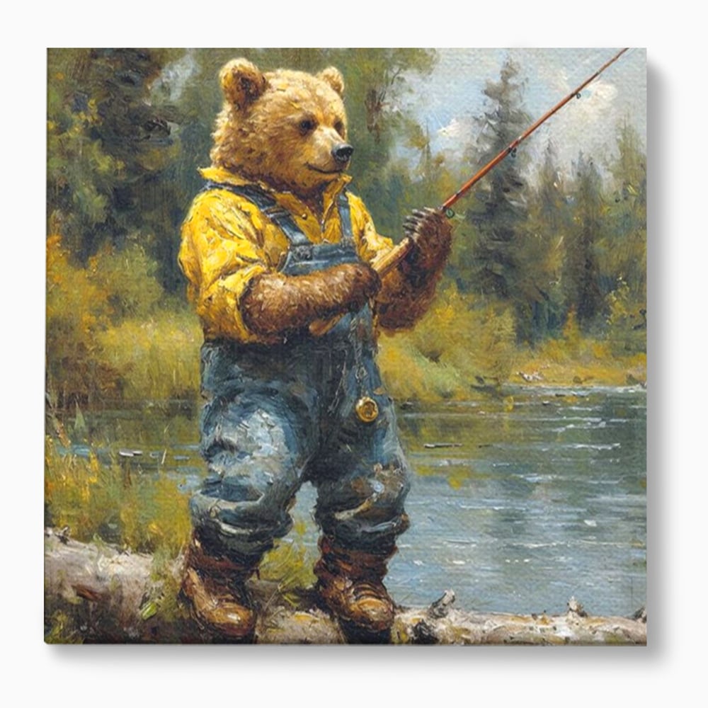 Tablou Canvas Premium, LuxCanva® M1000, Pescarul cu blana, Animale, Fauna, Urs, Blana, Pescuit, Undita, Apa, Natura, Amuzant, Birou, Living, Camera Copii