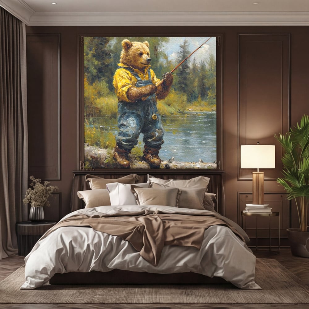 Tablou Canvas Premium, LuxCanva® M1000, Pescarul cu blana, Animale, Fauna, Urs, Blana, Pescuit, Undita, Apa, Natura, Amuzant, Birou, Living, Camera Copii