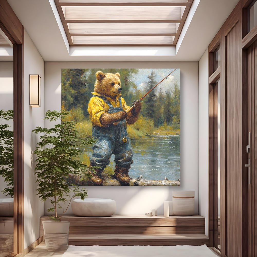 Tablou Canvas Premium, LuxCanva® M1000, Pescarul cu blana, Animale, Fauna, Urs, Blana, Pescuit, Undita, Apa, Natura, Amuzant, Birou, Living, Camera Copii