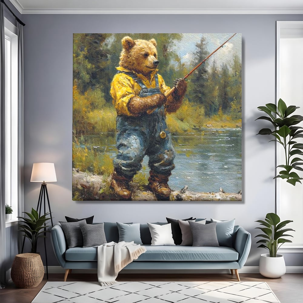 Tablou Canvas Premium, LuxCanva® M1000, Pescarul cu blana, Animale, Fauna, Urs, Blana, Pescuit, Undita, Apa, Natura, Amuzant, Birou, Living, Camera Copii